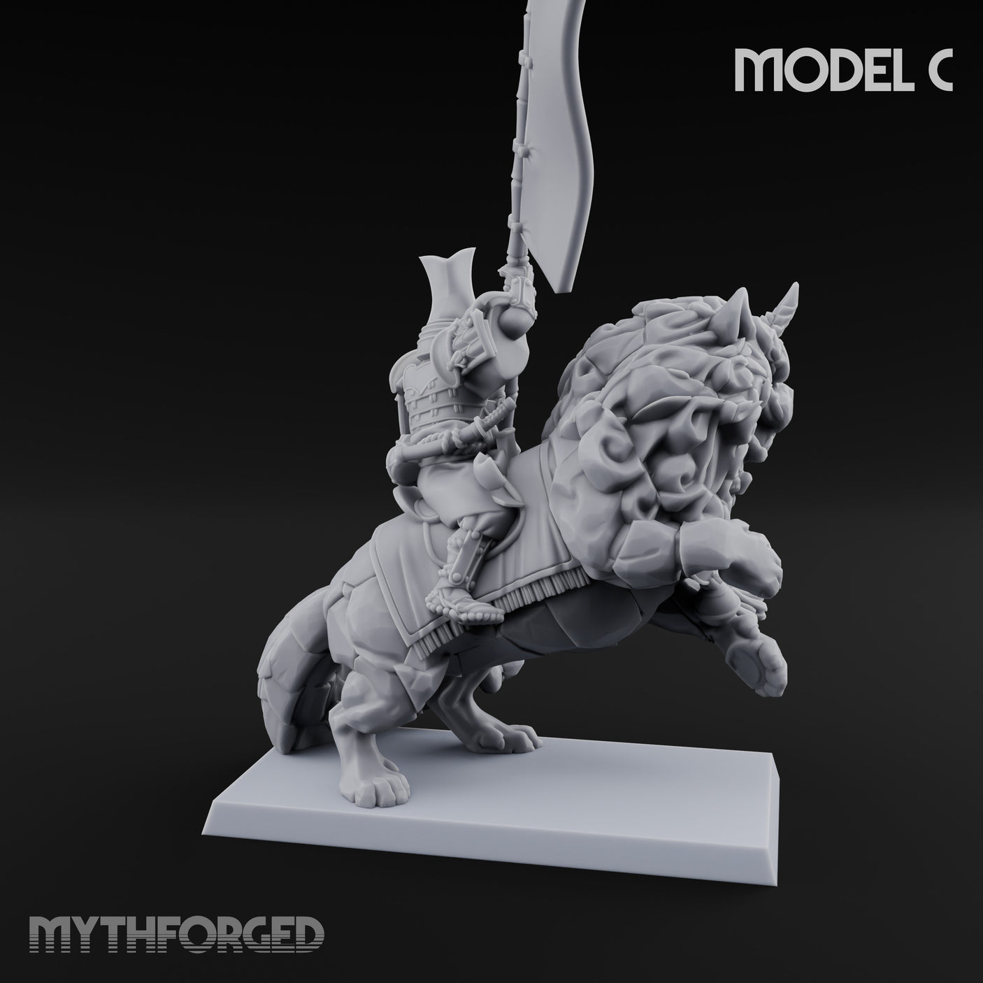 Lion Dog Riding Mounted Thunder Warrior C Miniature for Dungeons and Dragons, Pathfinder or other TTRPGs