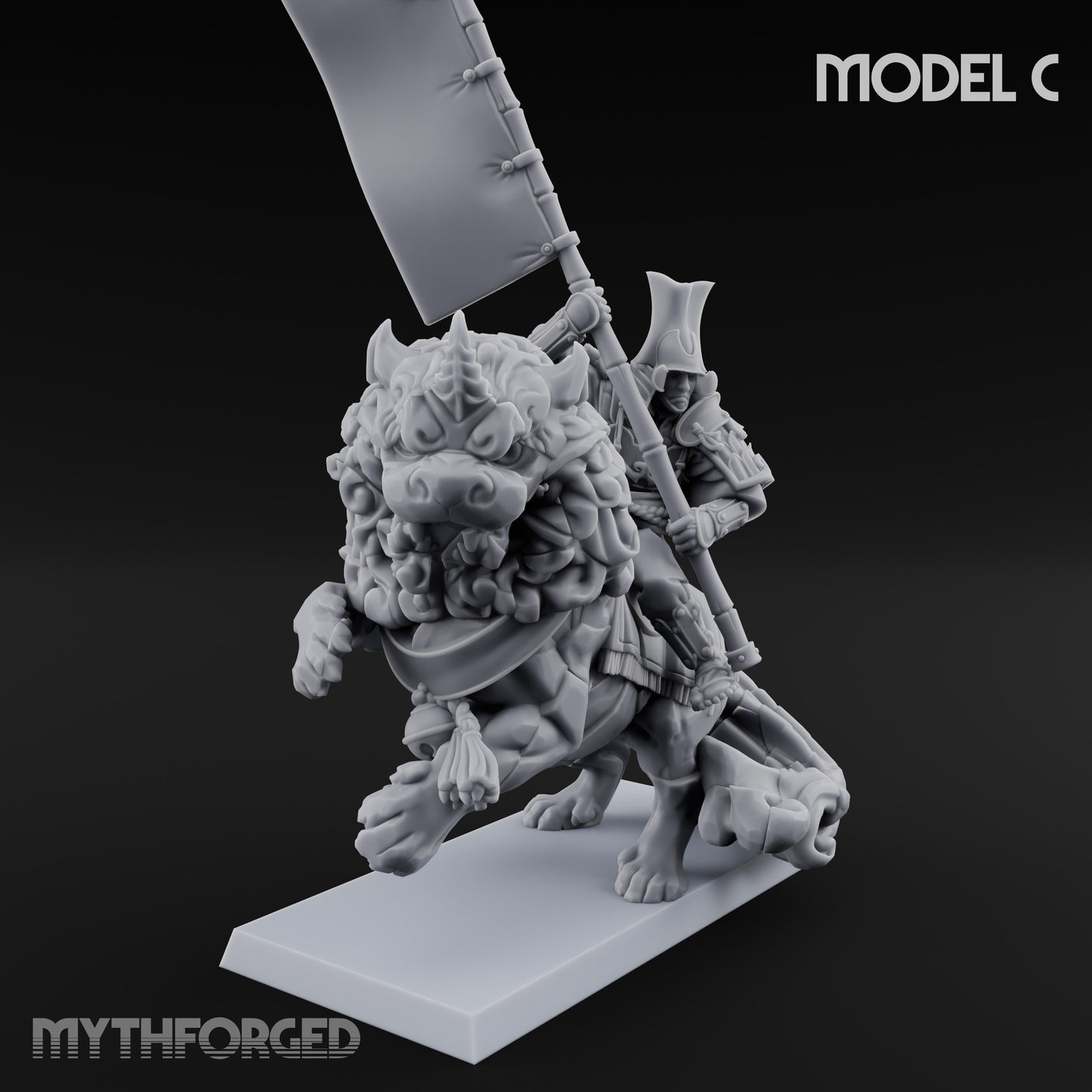 Lion Dog Riding Mounted Thunder Warrior C Miniature for Dungeons and Dragons, Pathfinder or other TTRPGs