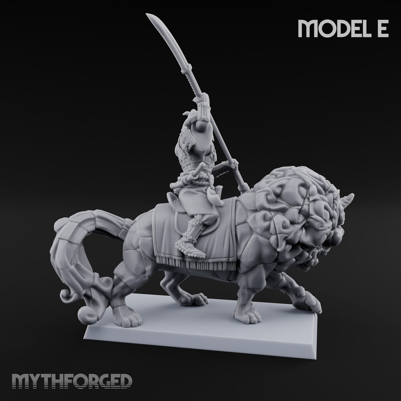 Lion Dog Riding Mounted Thunder Warrior E Miniature for Dungeons and Dragons, Pathfinder or other TTRPGs