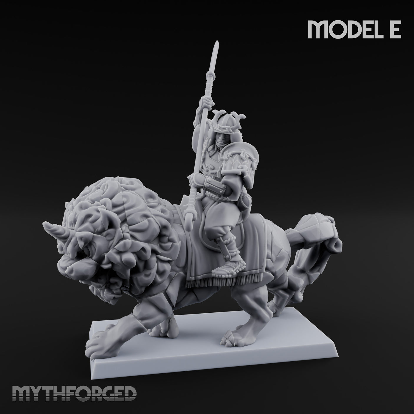 Lion Dog Riding Mounted Thunder Warrior E Miniature for Dungeons and Dragons, Pathfinder or other TTRPGs