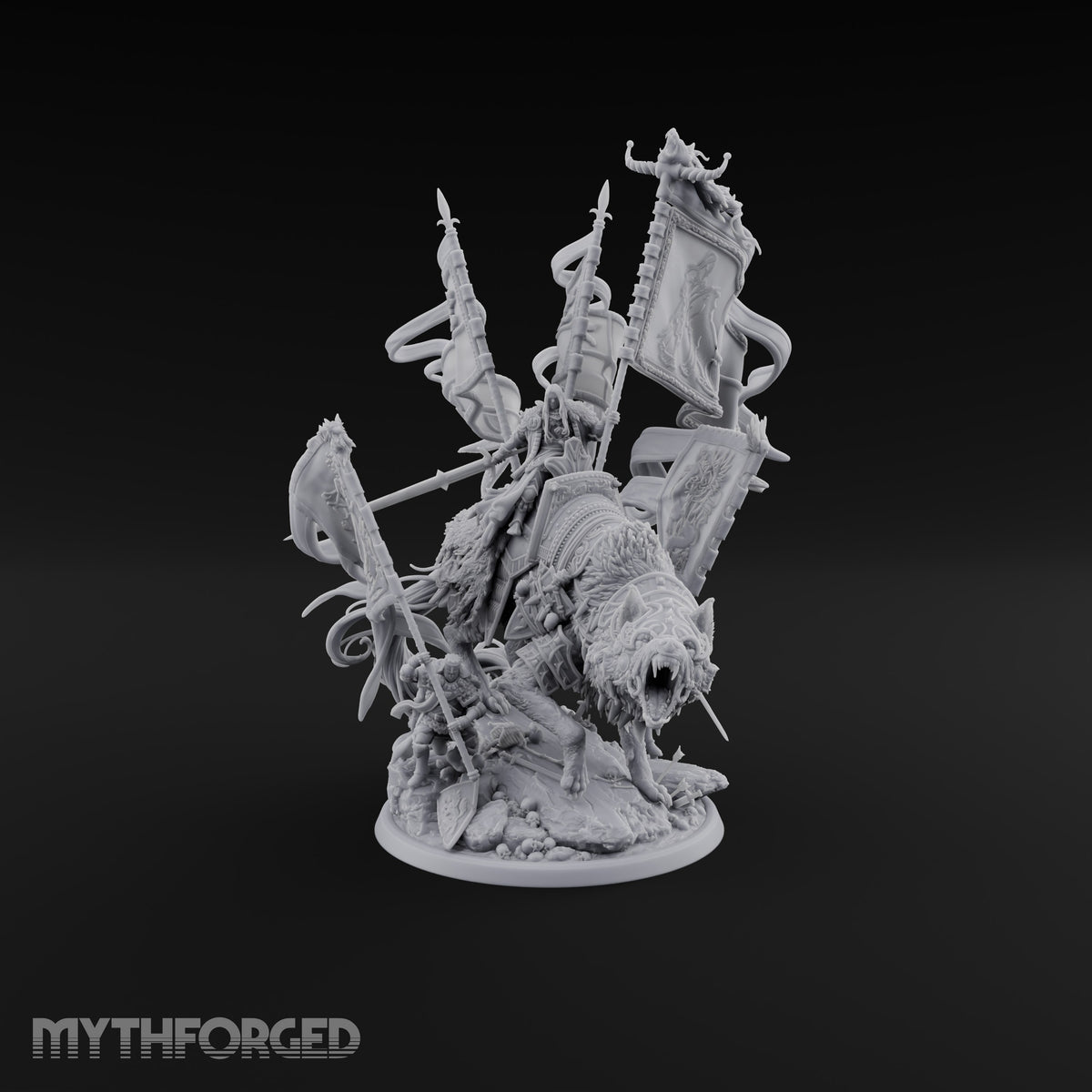Where His Standard Goes, Wolves Follow Human Wolf Lord on Dire Wolf