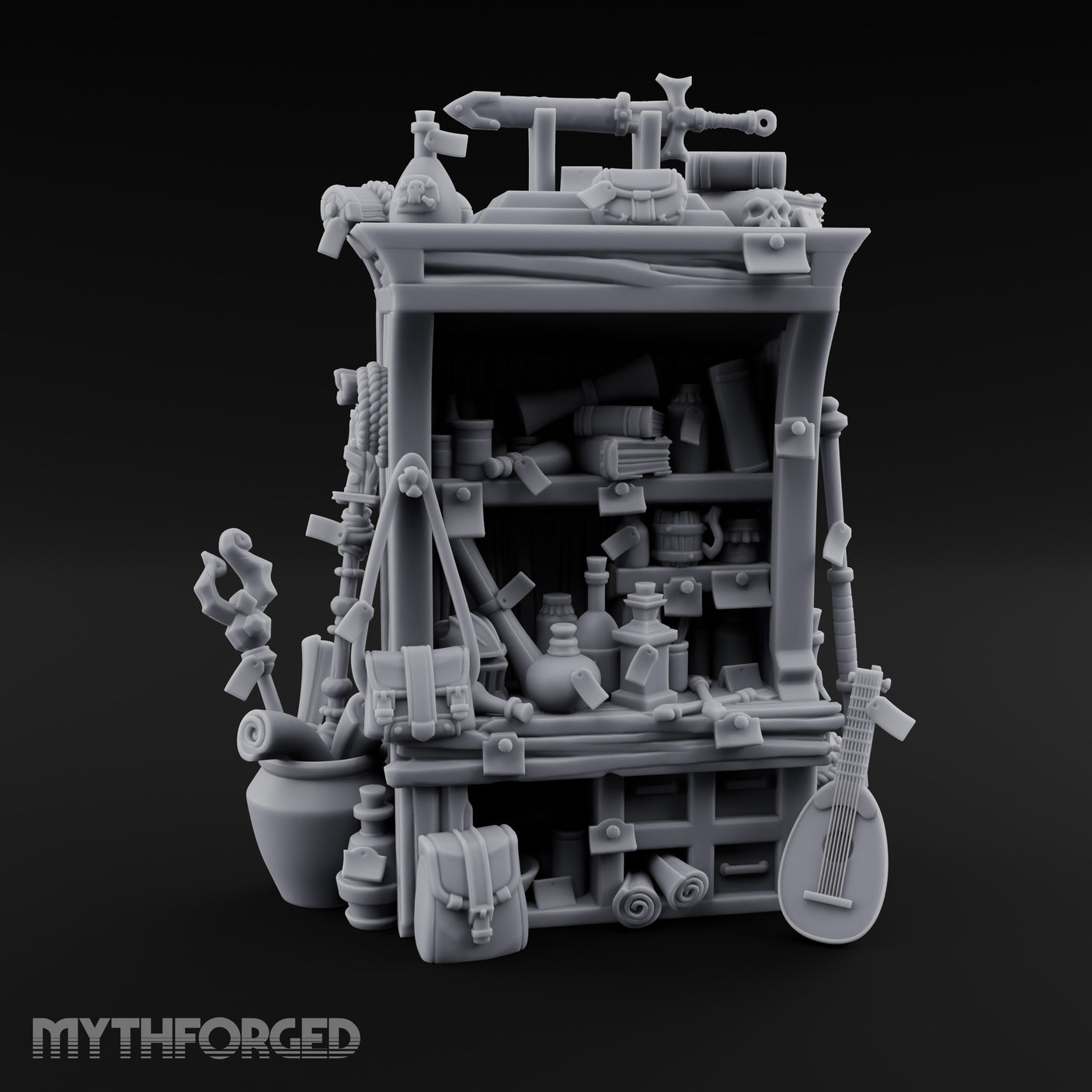 Lute-Hung Potion-Crammed Adventurer's Curio Shelf Miniature for Dungeons and Dragons, Pathfinder or other TTRPGs