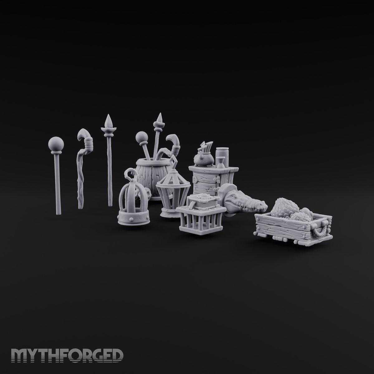 Staves Stocked, Crocodile Mounted Magic Shop Small Props Set