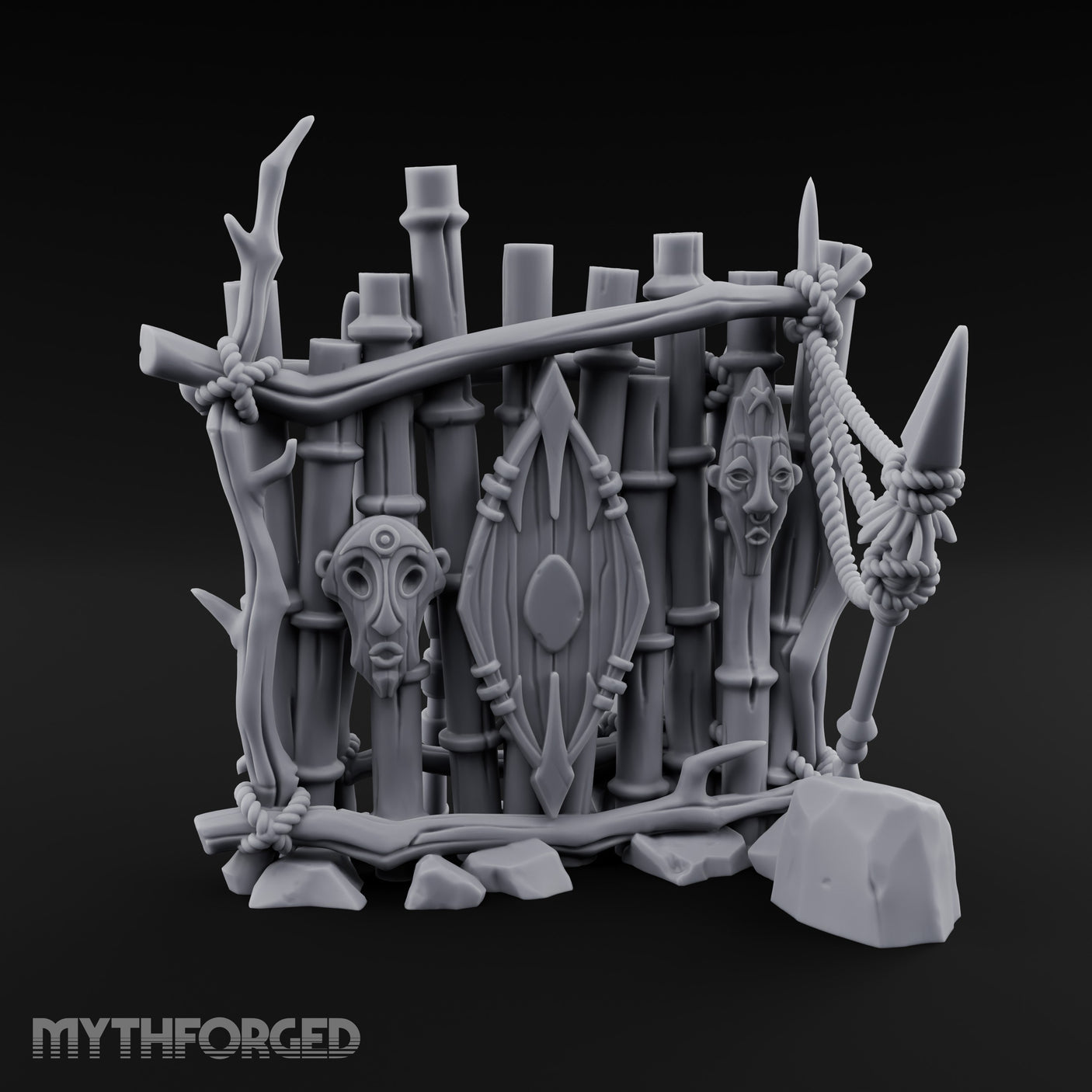 Mask-Adorned Spear-Tipped Tribal Bamboo Corner Wall Miniature for Dungeons and Dragons, Pathfinder or other TTRPGs