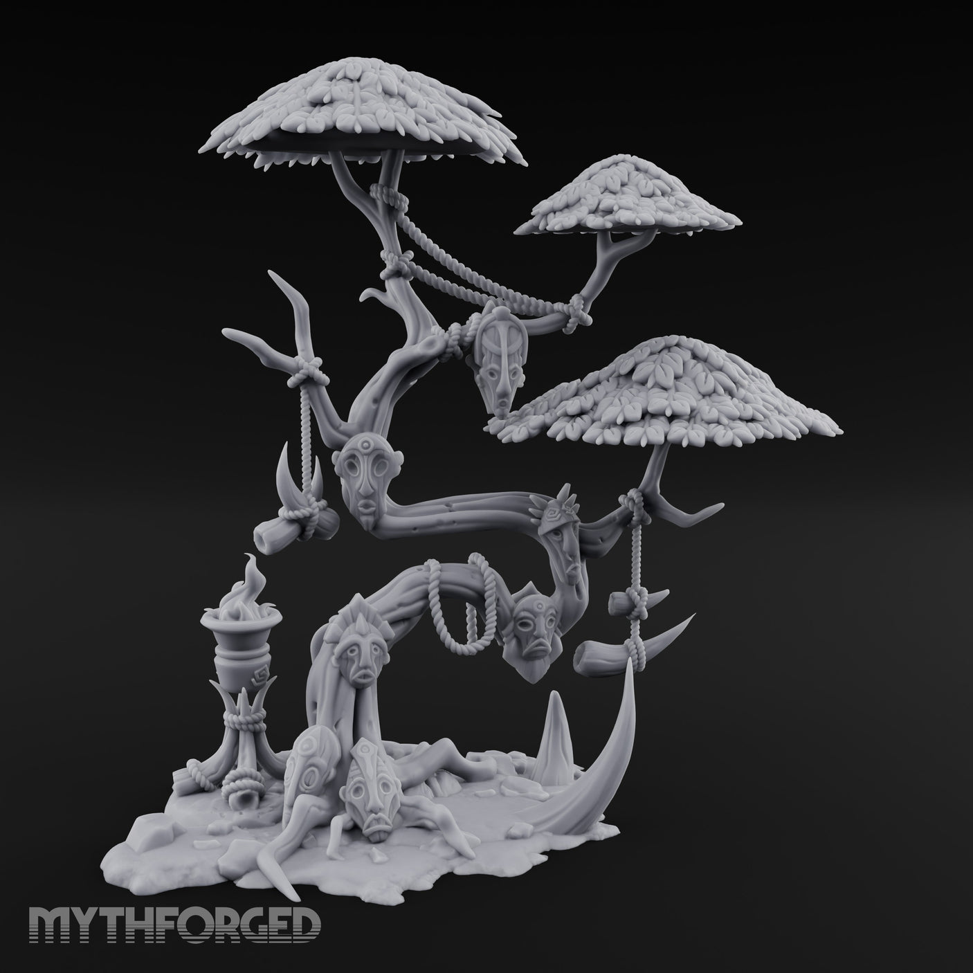 Mask-Dangled Rope-Twisted Tribal Spirit Tree Scene Miniature for Dungeons and Dragons, Pathfinder or other TTRPGs
