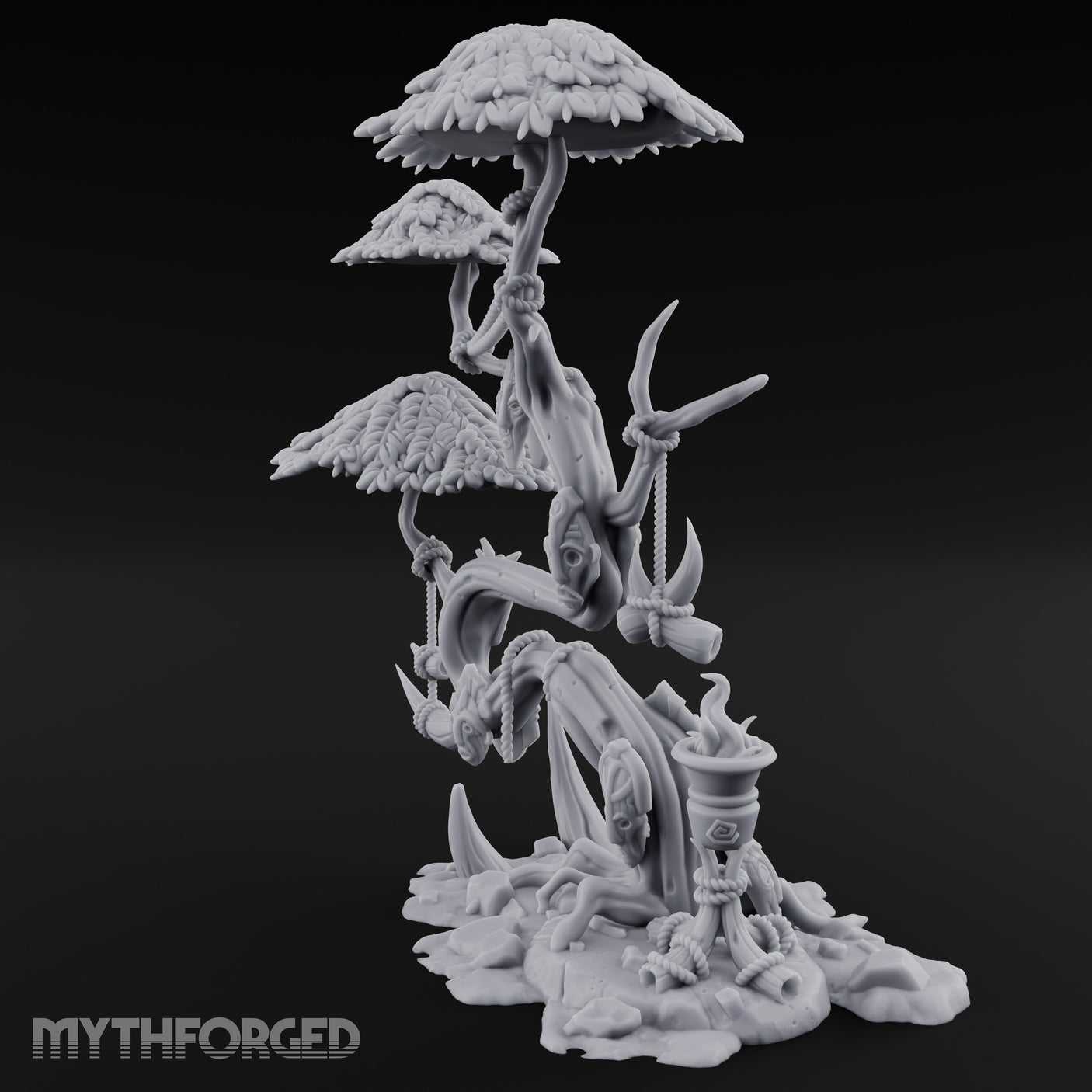 Mask-Dangled Rope-Twisted Tribal Spirit Tree Scene Miniature for Dungeons and Dragons, Pathfinder or other TTRPGs