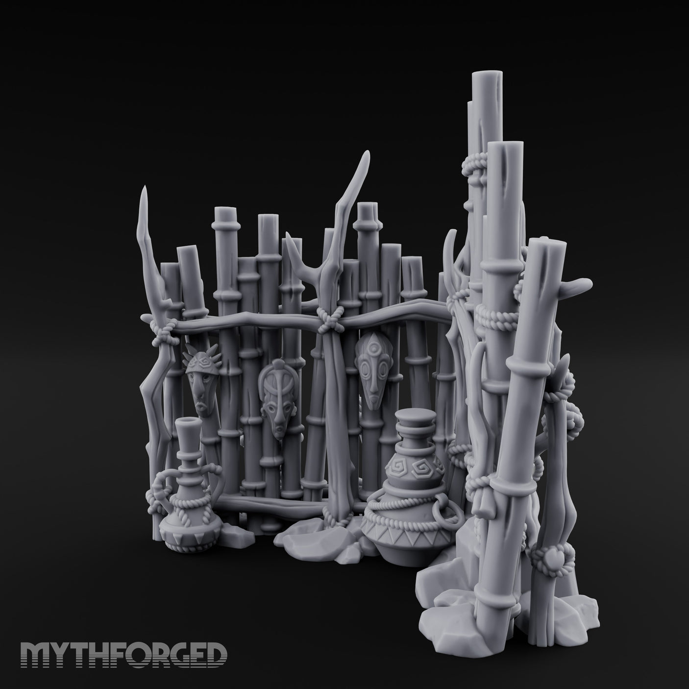 Mask-Hung Urn-Cluttered Tribal Bamboo Corner Wall Miniature for Dungeons and Dragons, Pathfinder or other TTRPGs