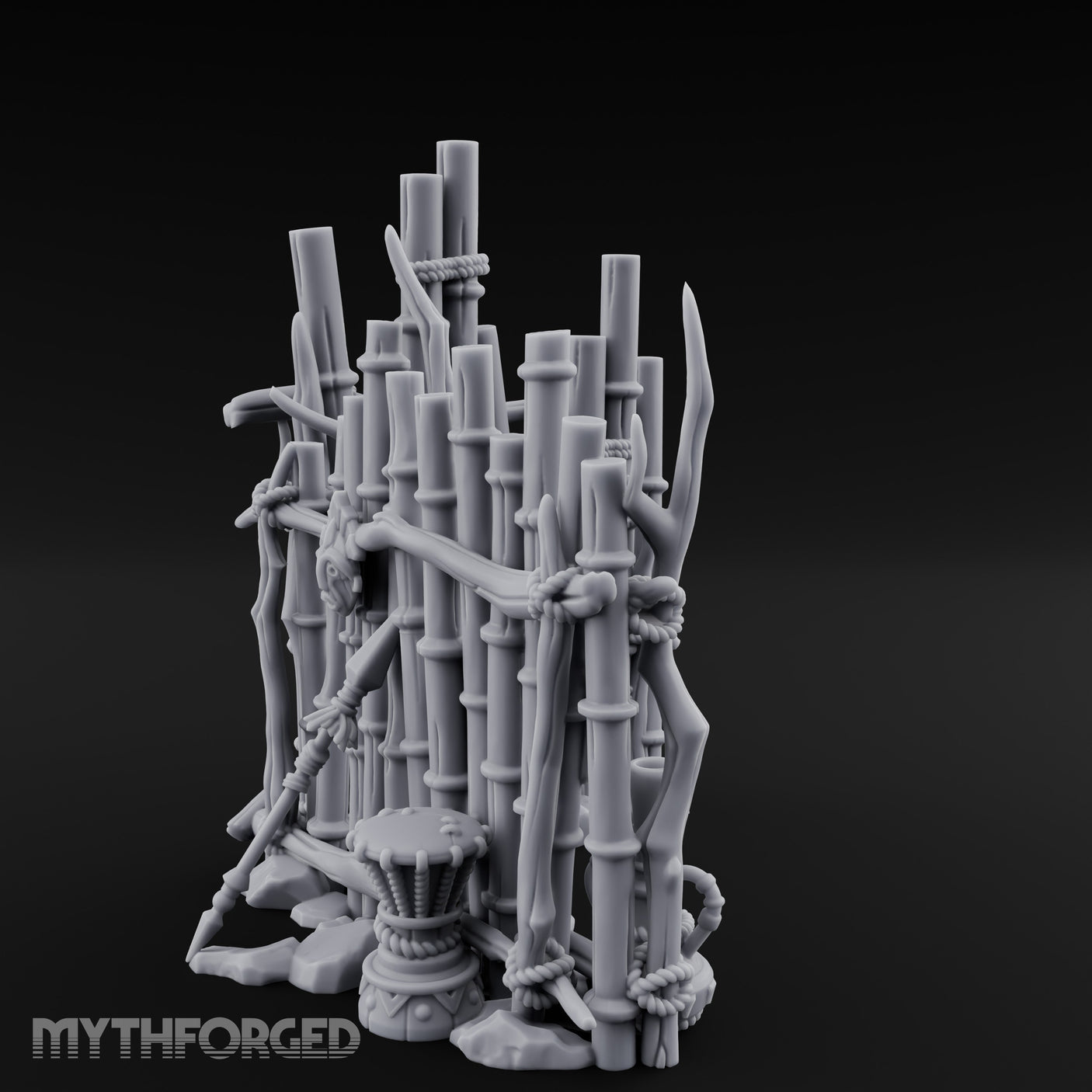 Mask-Hung Urn-Cluttered Tribal Bamboo Corner Wall Miniature for Dungeons and Dragons, Pathfinder or other TTRPGs