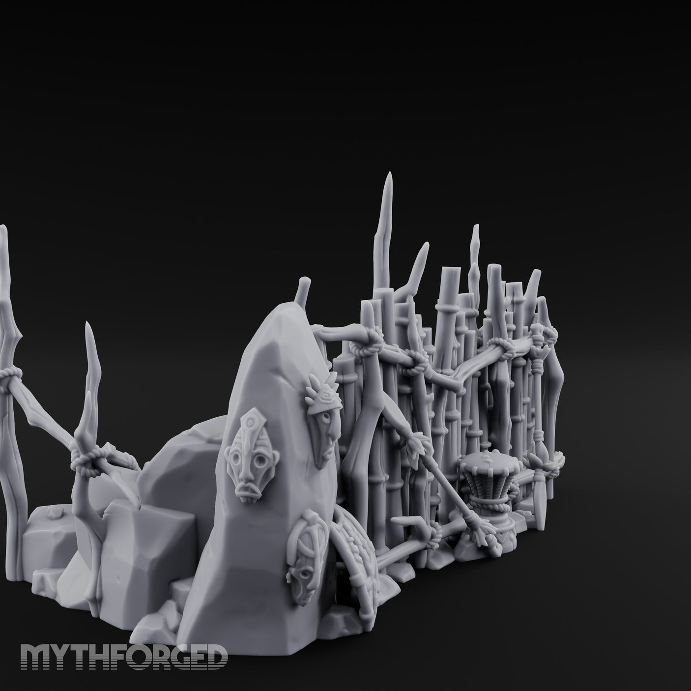 Mask-Hung Weapon-Strewn Tribal Bamboo Corner Wall Scene Miniature for Dungeons and Dragons, Pathfinder or other TTRPGs