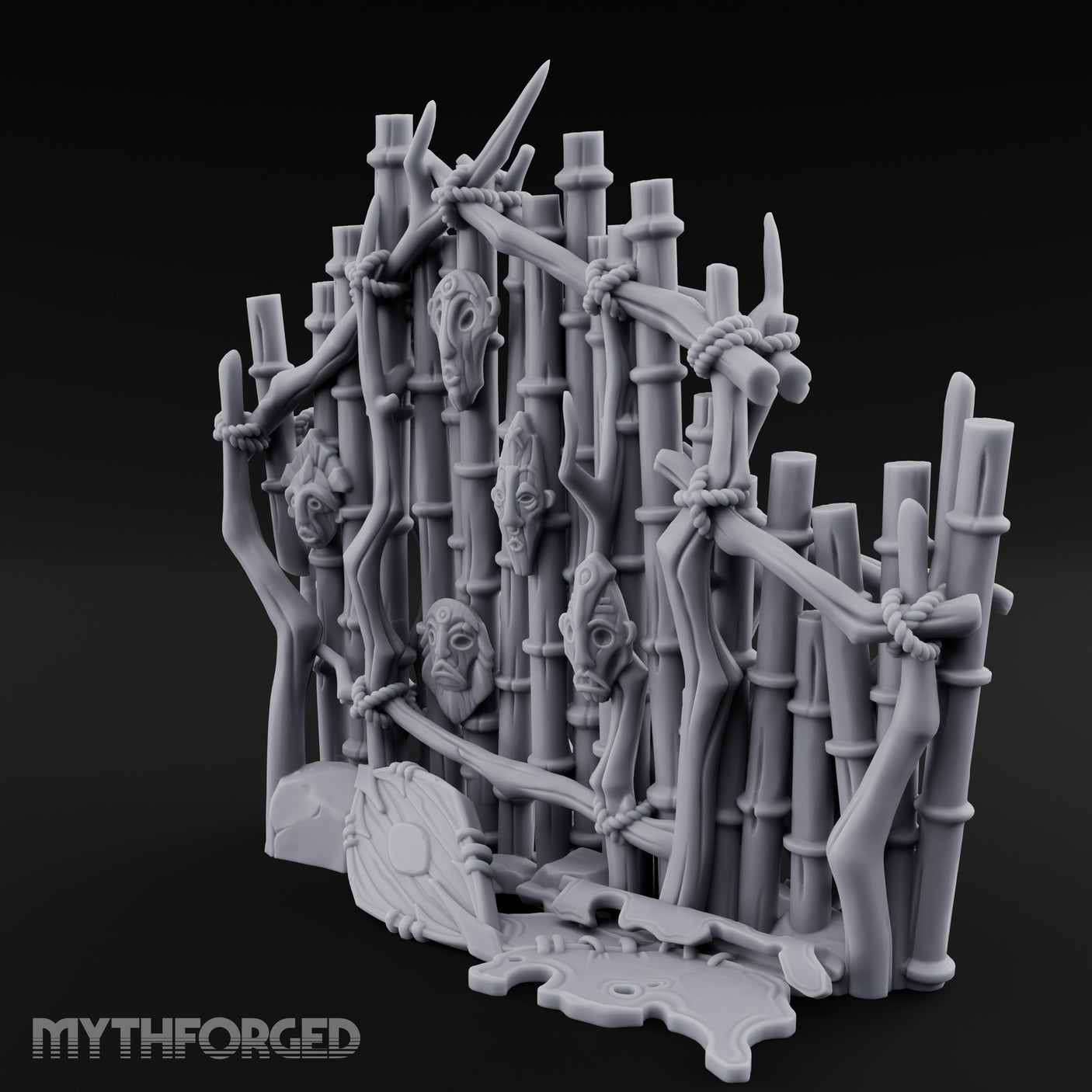 Mask-Nailed Vine-Tangled Tribal Bamboo Wall Scene Miniature for Dungeons and Dragons, Pathfinder or other TTRPGs