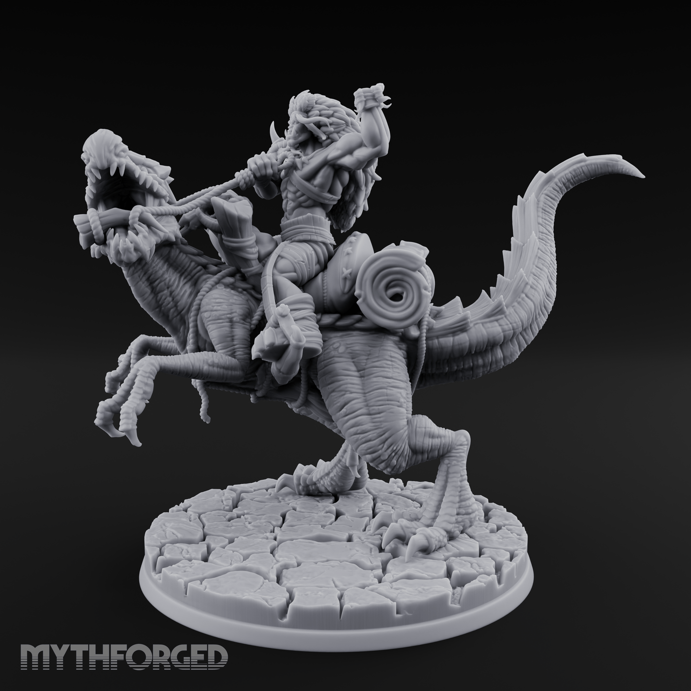 Trunk Raised Triumphant Orc Velociraptor Rider Miniature for Dungeons and Dragons, Pathfinder or other TTRPGs