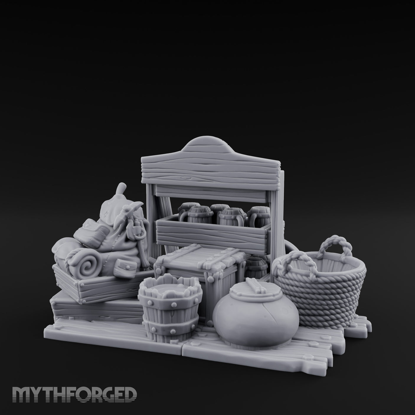 Mug-Stocked Basket-Rimmed Traveling Merchant Stall Scene Miniature for Dungeons and Dragons, Pathfinder or other TTRPGs