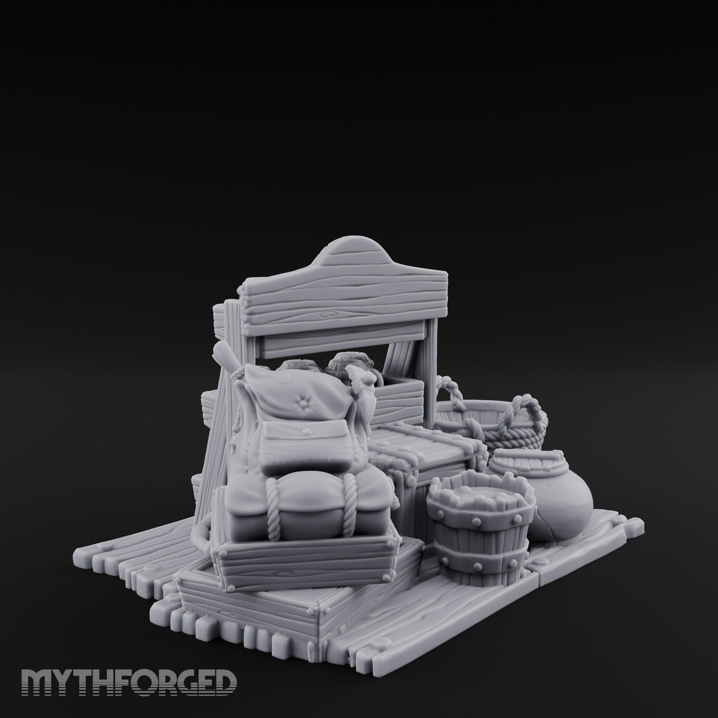Mug-Stocked Basket-Rimmed Traveling Merchant Stall Scene Miniature for Dungeons and Dragons, Pathfinder or other TTRPGs