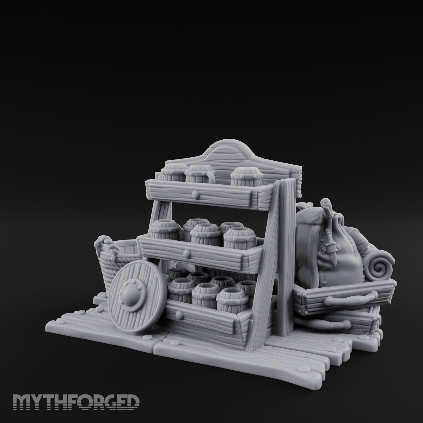 Mug-Stocked Basket-Rimmed Traveling Merchant Stall Scene Miniature for Dungeons and Dragons, Pathfinder or other TTRPGs