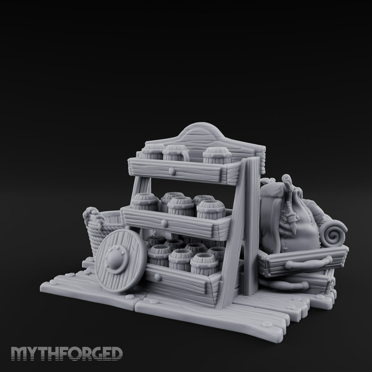 Mug-Stocked Basket-Rimmed Traveling Merchant Stall Scene Miniature for Dungeons and Dragons, Pathfinder or other TTRPGs