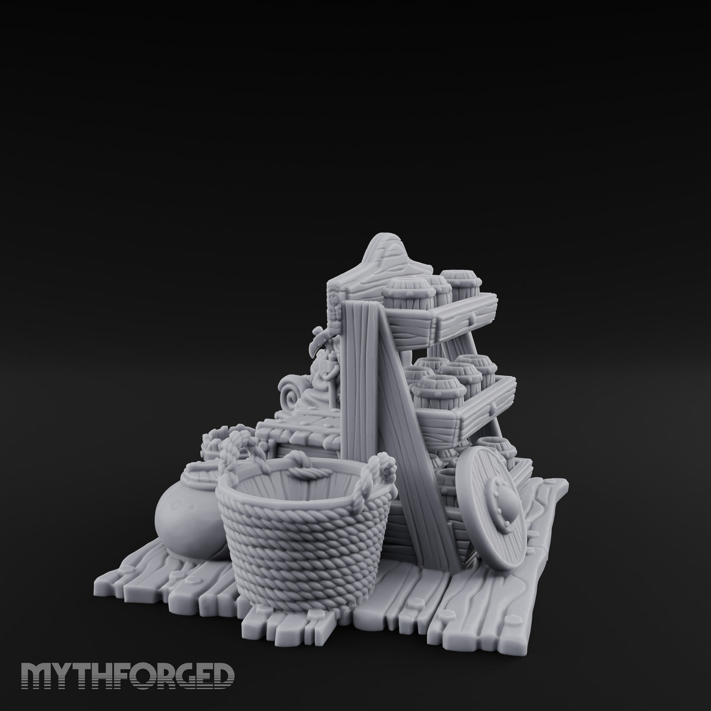 Mug-Stocked Basket-Rimmed Traveling Merchant Stall Scene Miniature for Dungeons and Dragons, Pathfinder or other TTRPGs