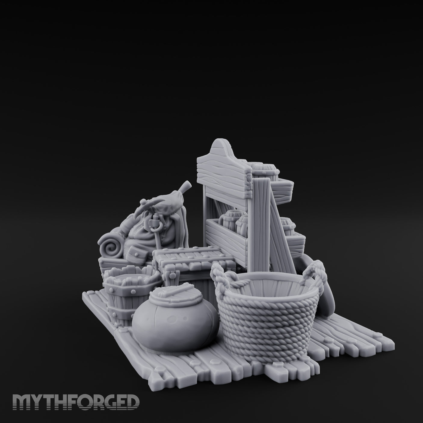 Mug-Stocked Basket-Rimmed Traveling Merchant Stall Scene Miniature for Dungeons and Dragons, Pathfinder or other TTRPGs