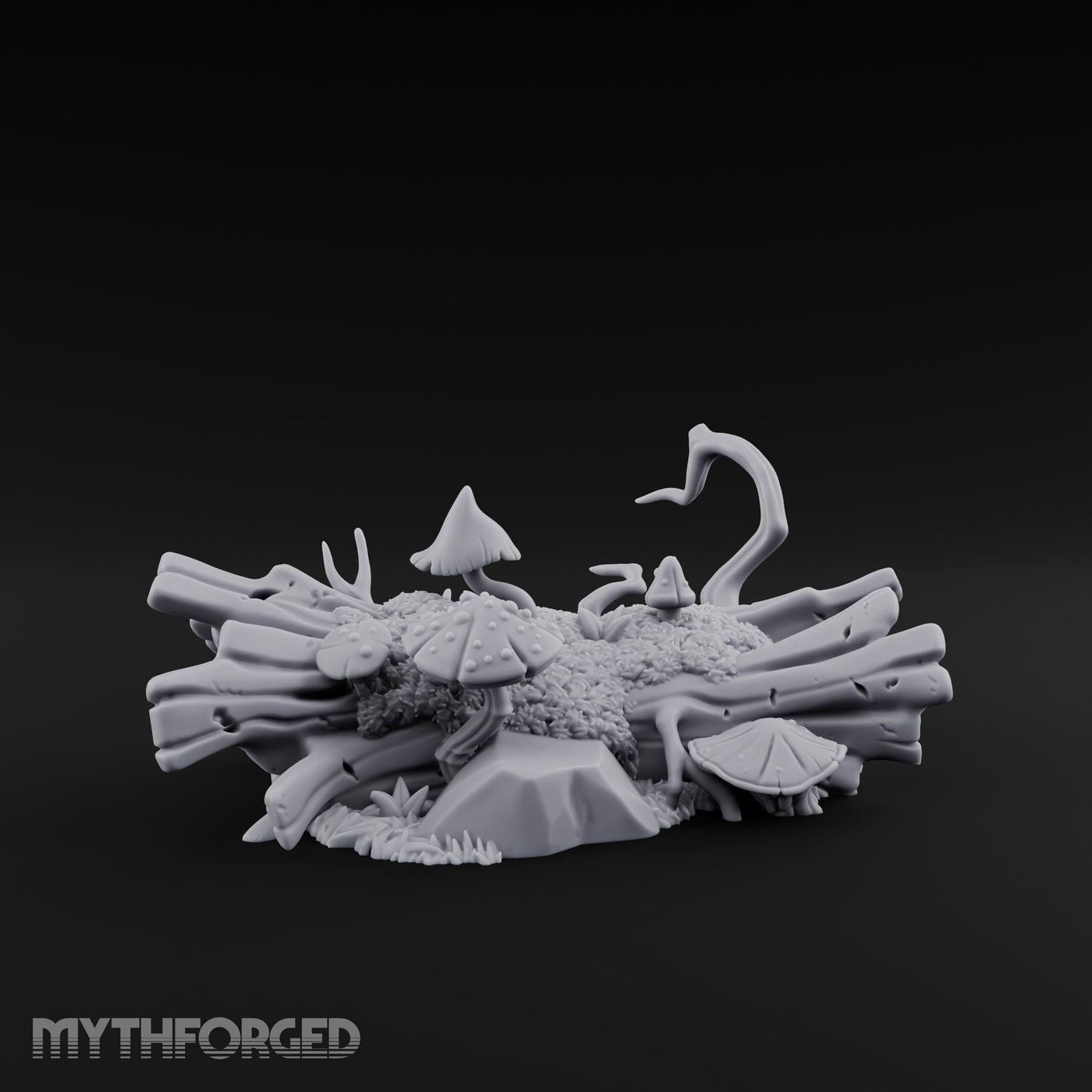 Mushroom-Crowned Bark-Split Fallen Log Scatter Miniature for Dungeons and Dragons, Pathfinder or other TTRPGs