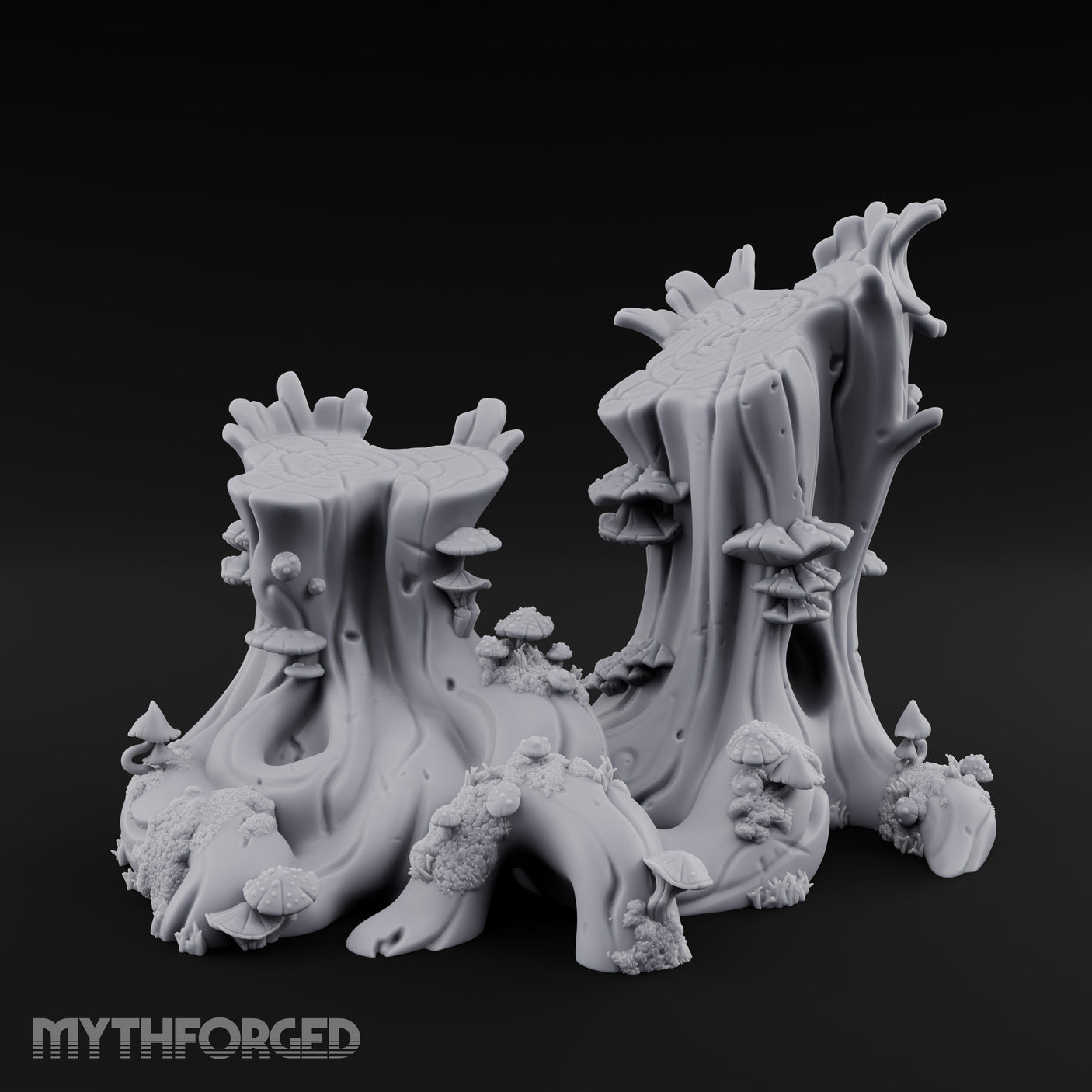 Mushroom-Speckled Bark-Hollowed Forest Stump Duo Miniature for Dungeons and Dragons, Pathfinder or other TTRPGs