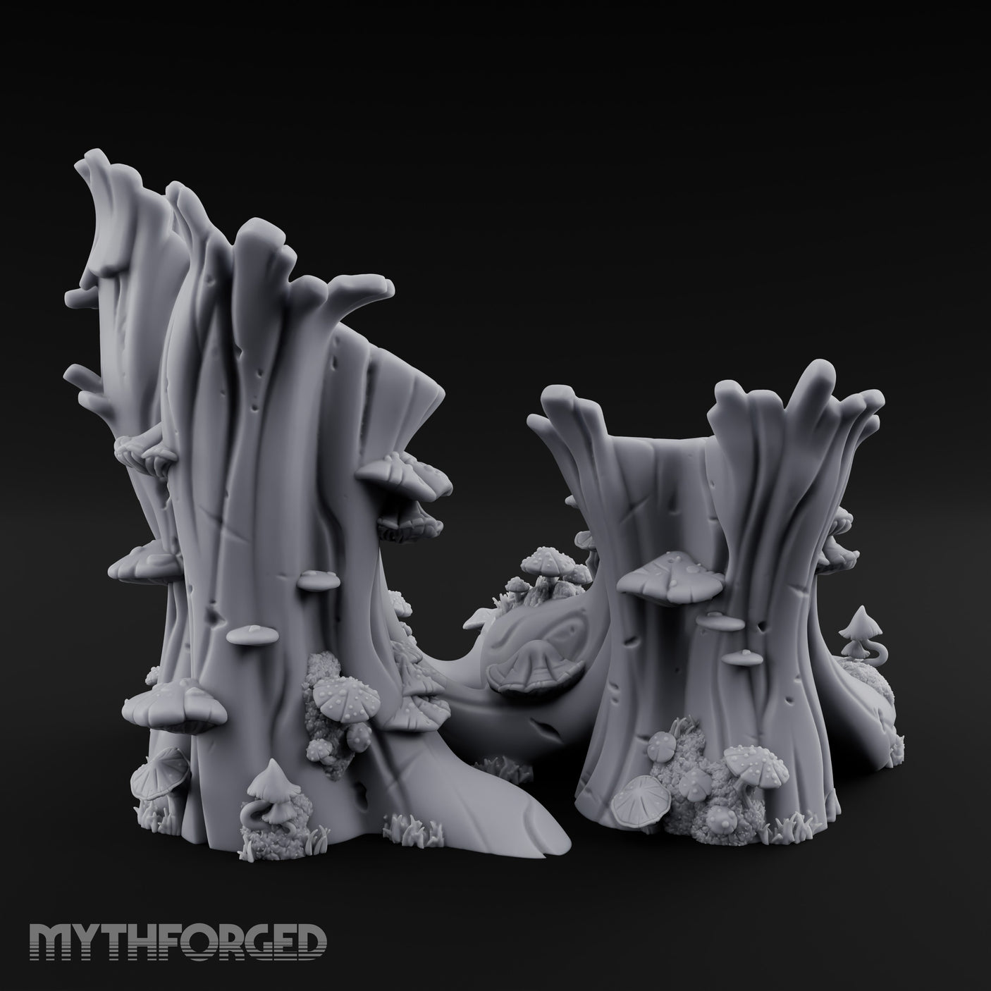 Mushroom-Speckled Bark-Hollowed Forest Stump Duo Miniature for Dungeons and Dragons, Pathfinder or other TTRPGs