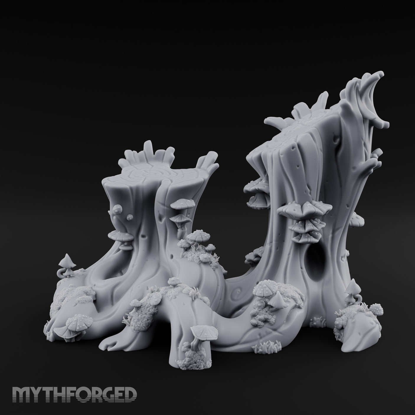 Mushroom-Speckled Bark-Hollowed Forest Stump Duo Miniature for Dungeons and Dragons, Pathfinder or other TTRPGs