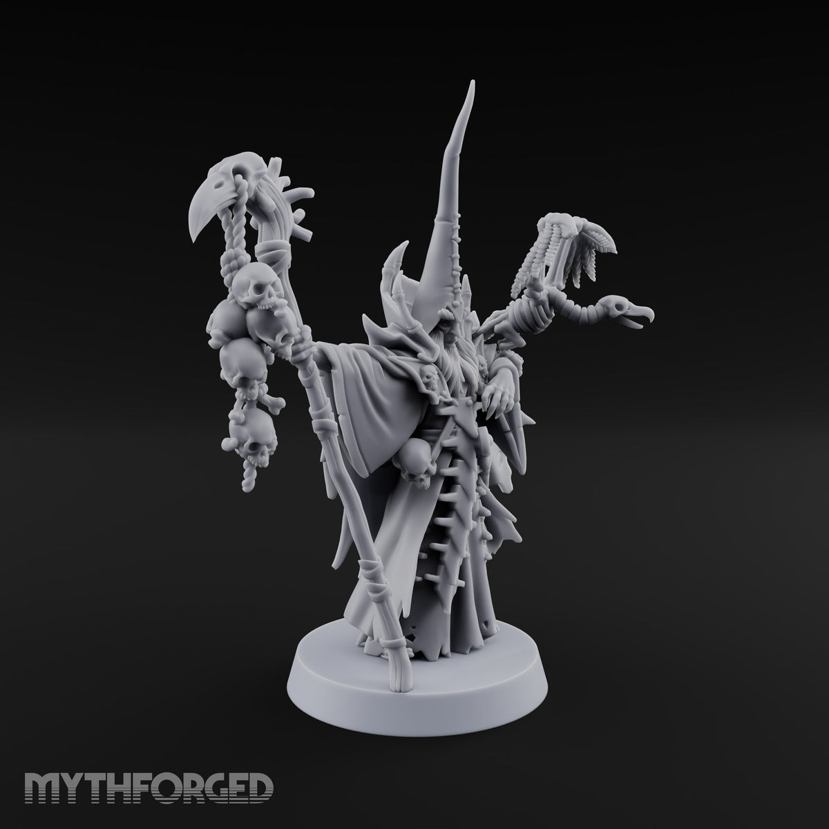 Still Learning, Already Grim Human Necromancer Apprentice with Skull Staff and Skeletal Vulture