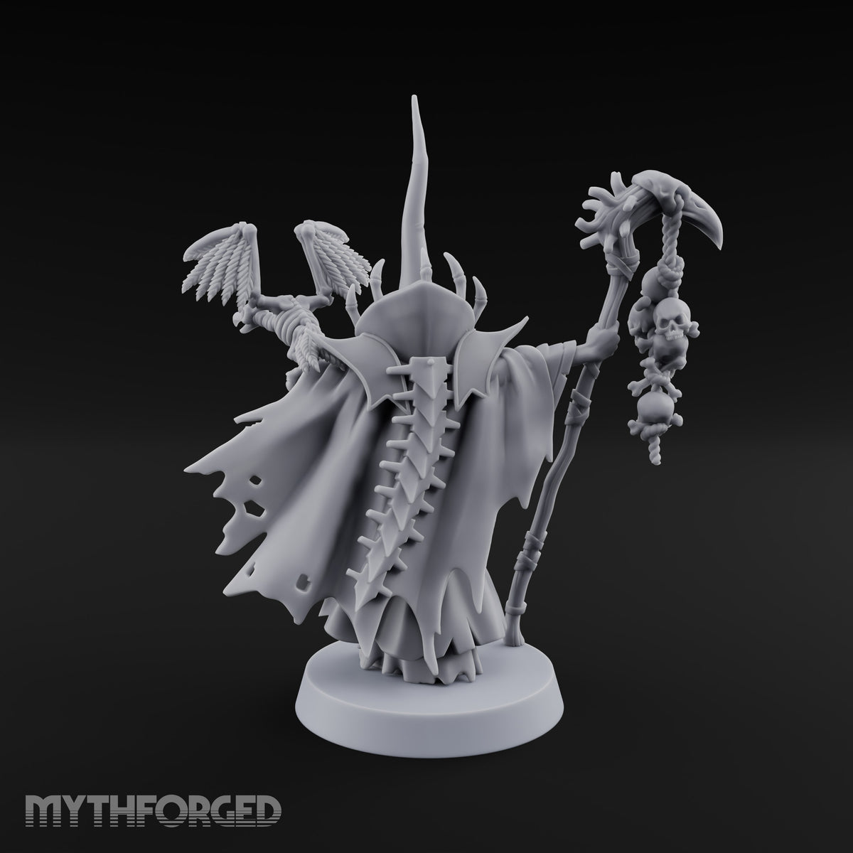 Still Learning, Already Grim Human Necromancer Apprentice with Skull Staff and Skeletal Vulture