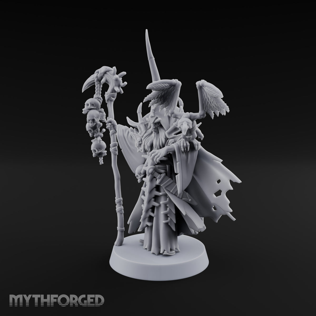 Still Learning, Already Grim Human Necromancer Apprentice with Skull Staff and Skeletal Vulture