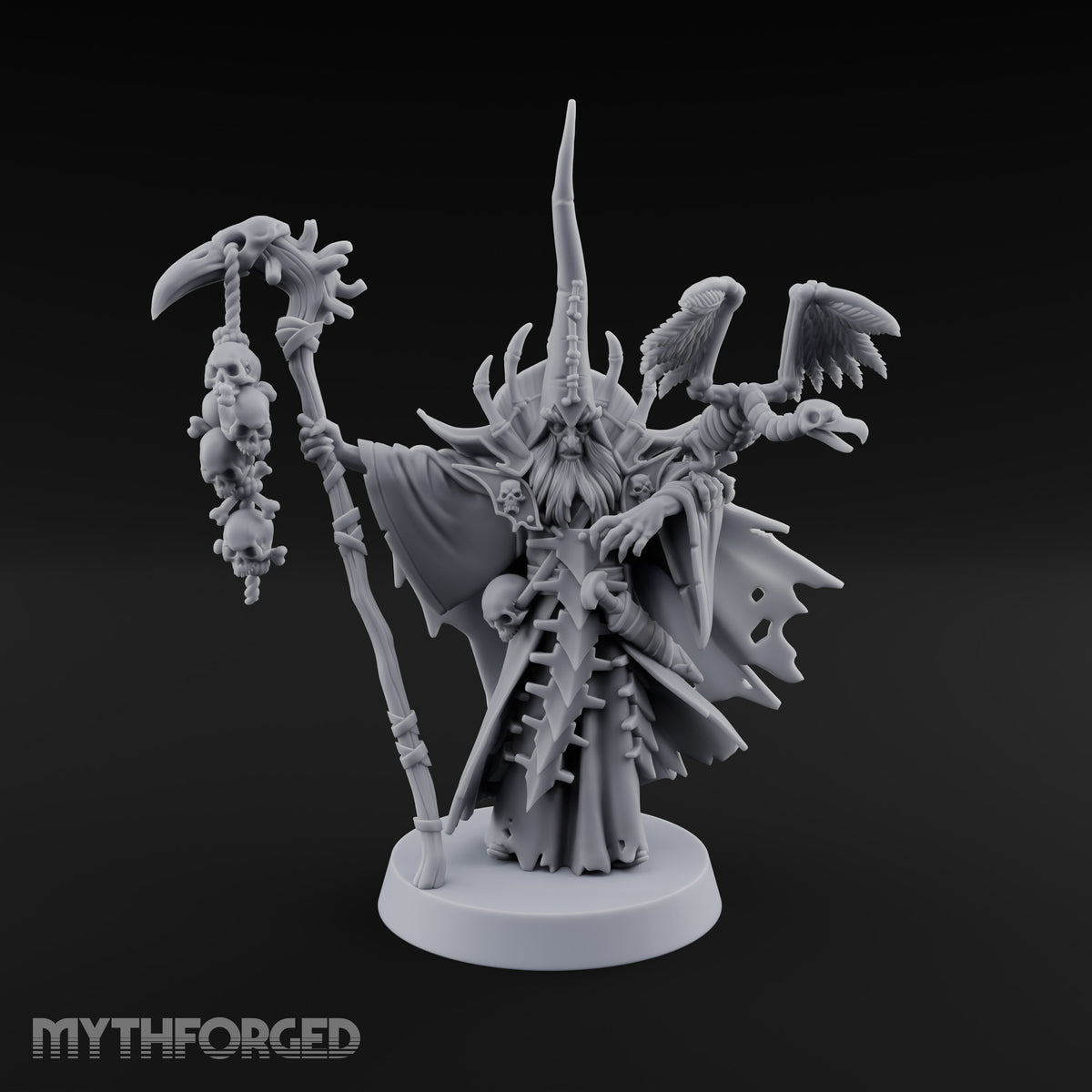 Still Learning, Already Grim Human Necromancer Apprentice with Skull Staff and Skeletal Vulture