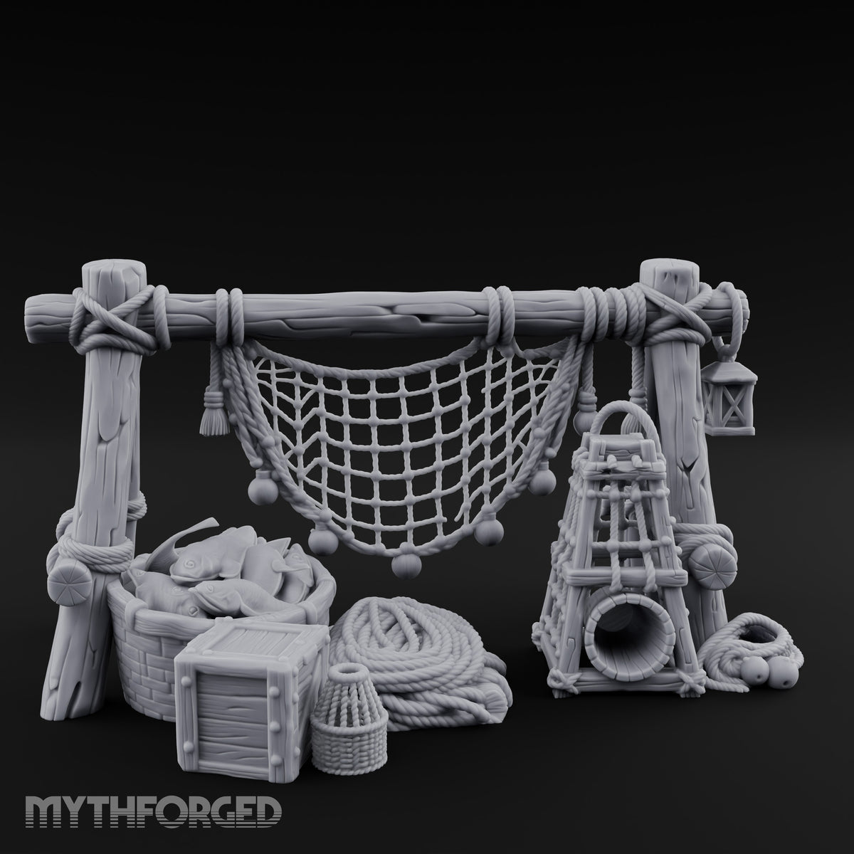Net-Draped Catch-Laden Dockside Fishing Scatter Set Miniature for Dungeons and Dragons, Pathfinder or other TTRPGs
