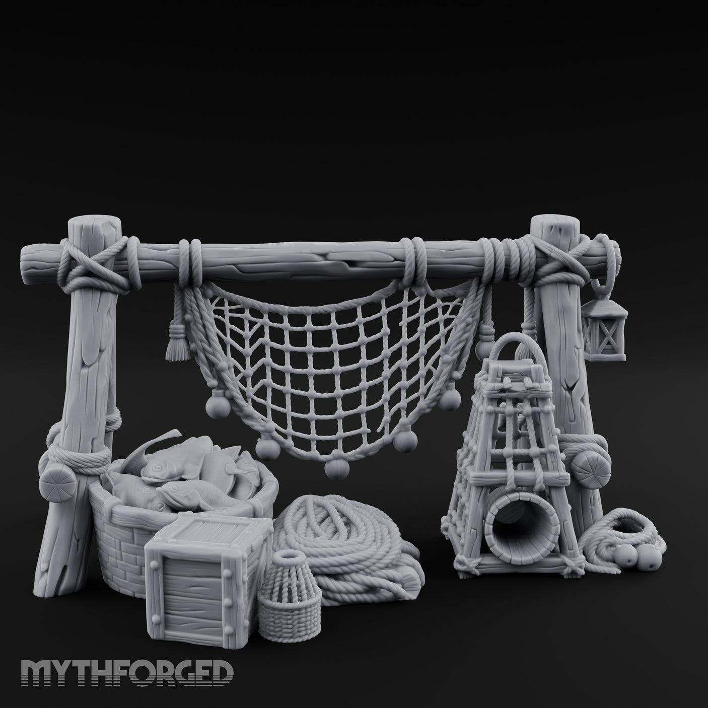 Net-Draped Catch-Laden Dockside Fishing Scatter Set Miniature for Dungeons and Dragons, Pathfinder or other TTRPGs