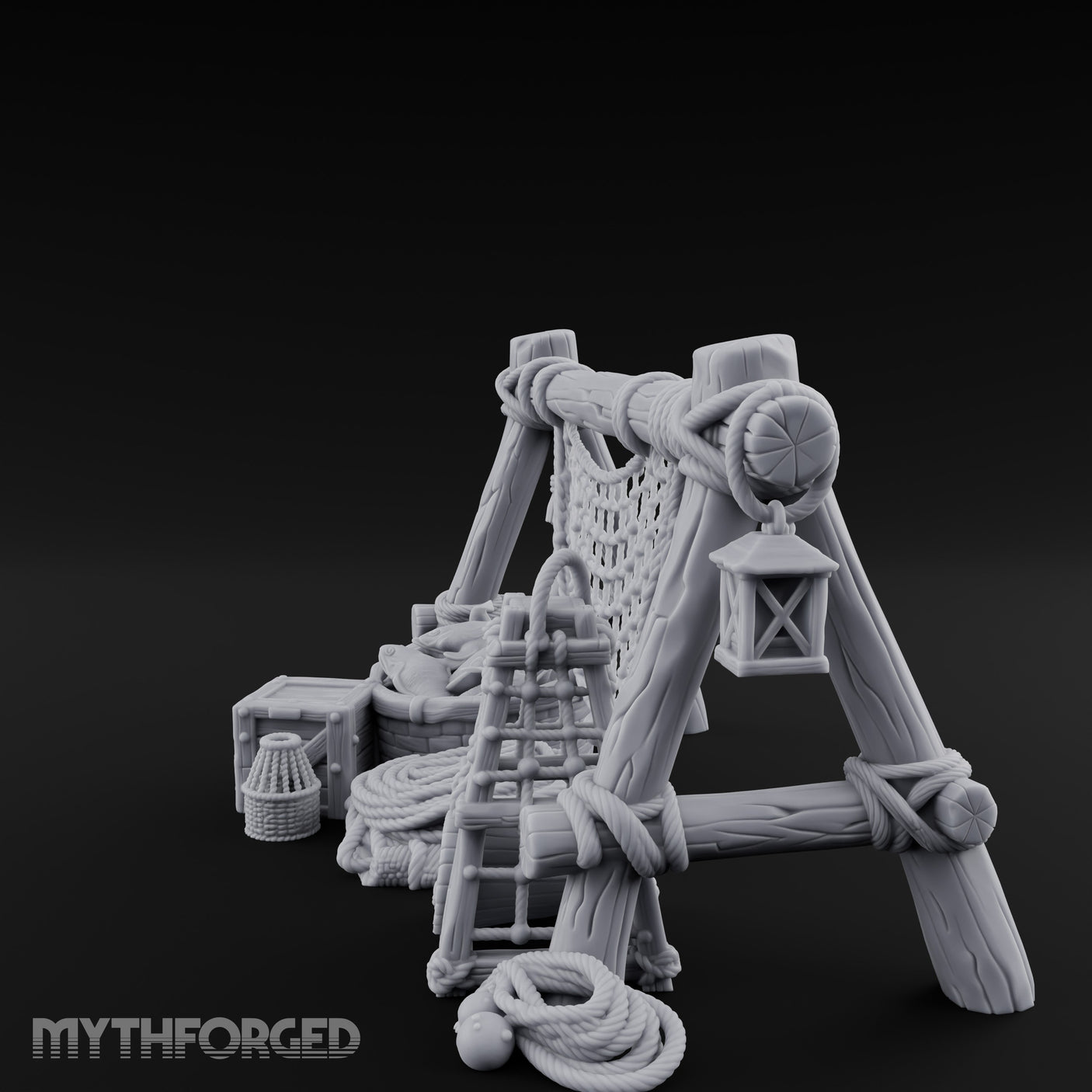 Net-Draped Catch-Laden Dockside Fishing Scatter Set Miniature for Dungeons and Dragons, Pathfinder or other TTRPGs