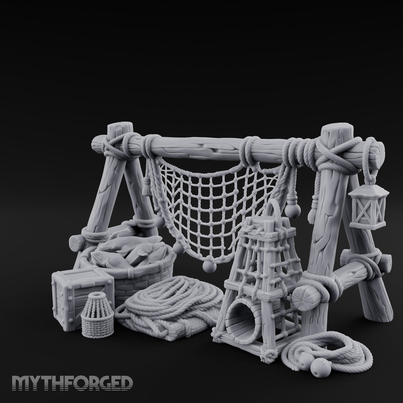 Net-Draped Catch-Laden Dockside Fishing Scatter Set Miniature for Dungeons and Dragons, Pathfinder or other TTRPGs