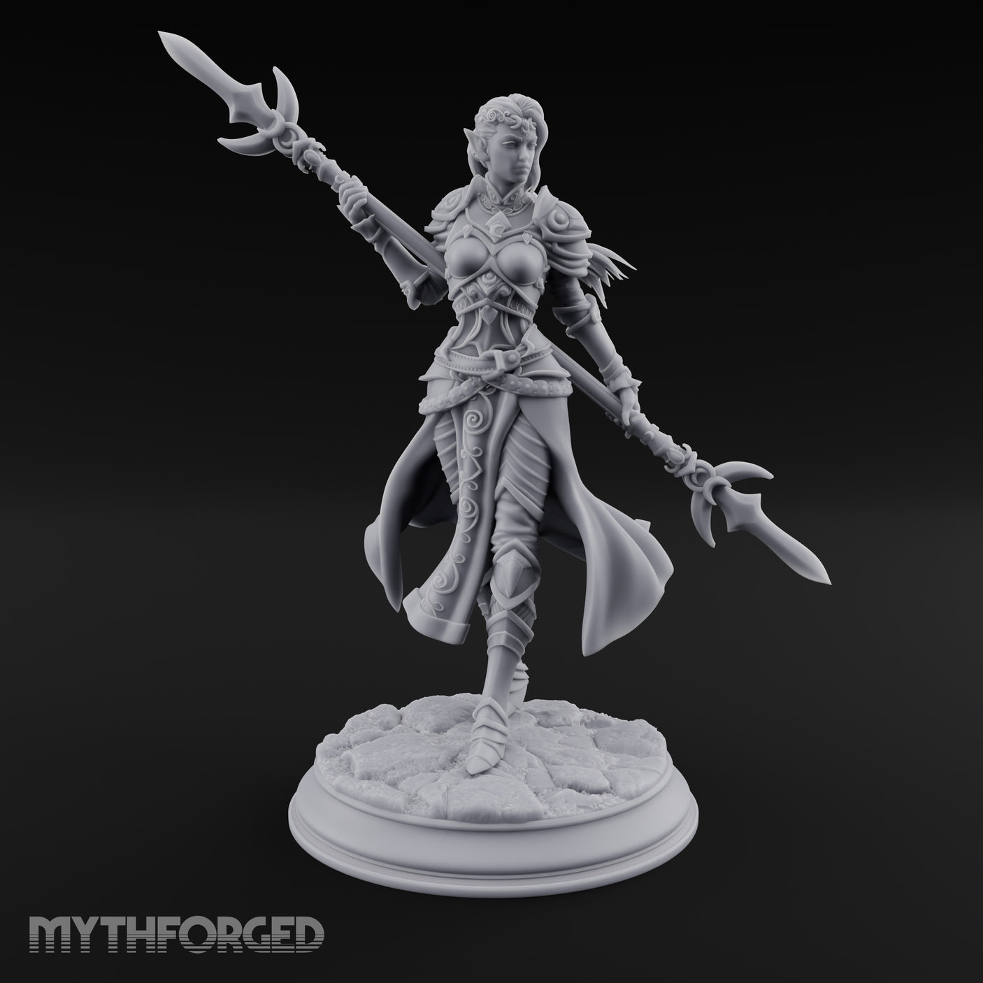 Twirling Double-Ended Elf Spearmaiden Miniature for Dungeons and Dragons, Pathfinder or other TTRPGs