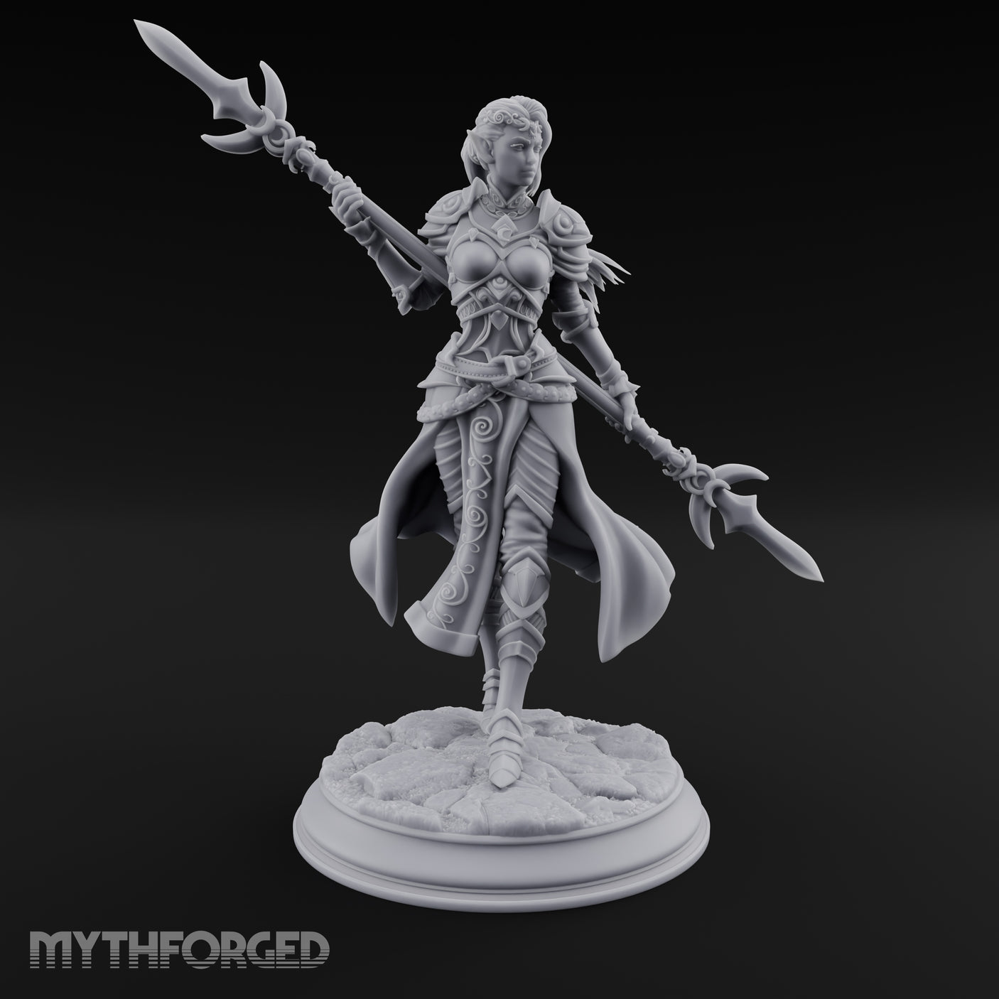 Twirling Double-Ended Elf Spearmaiden Miniature for Dungeons and Dragons, Pathfinder or other TTRPGs