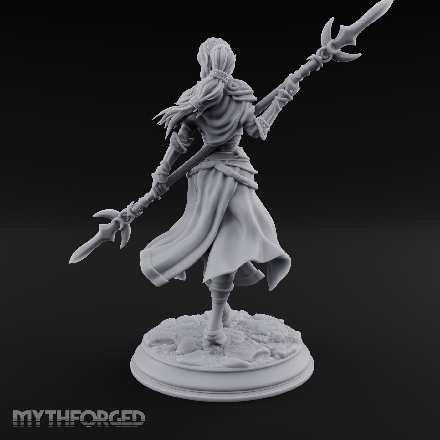 Twirling Double-Ended Elf Spearmaiden Miniature for Dungeons and Dragons, Pathfinder or other TTRPGs