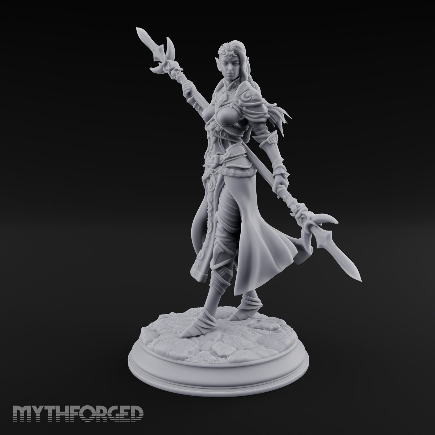 Twirling Double-Ended Elf Spearmaiden Miniature for Dungeons and Dragons, Pathfinder or other TTRPGs