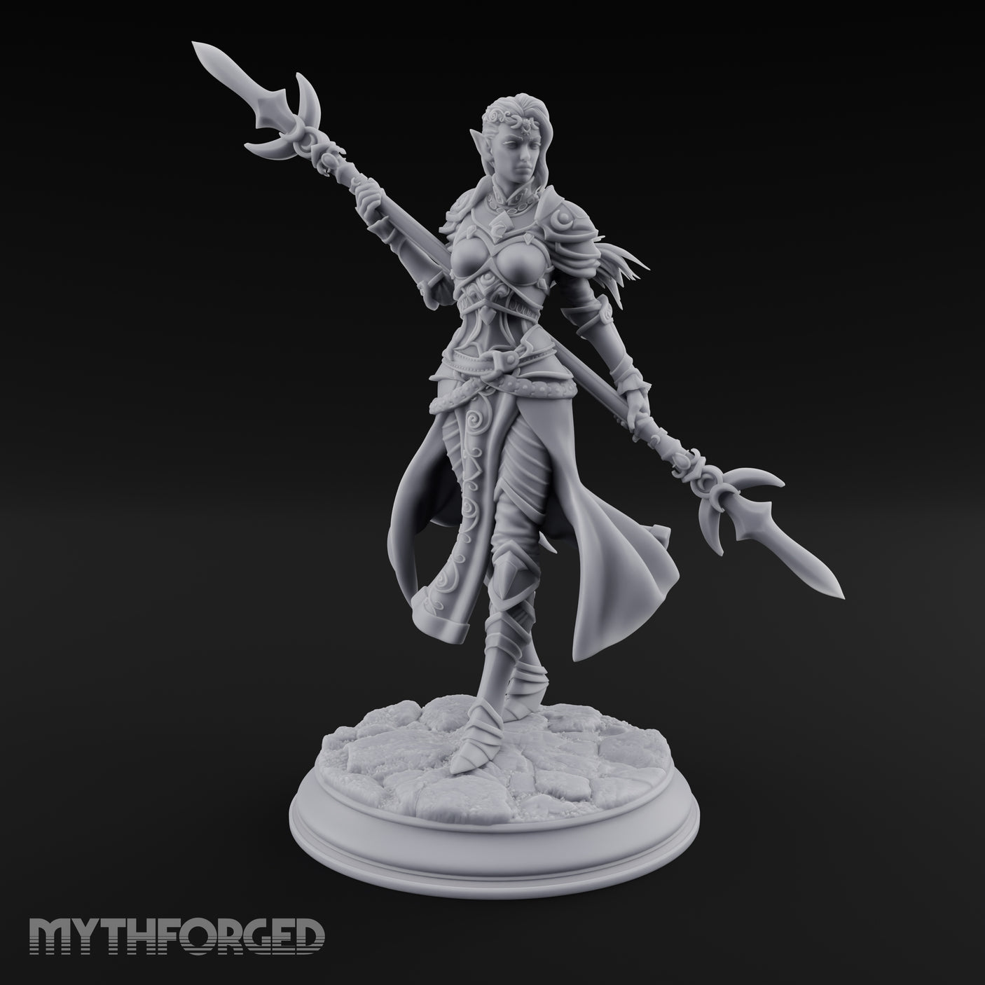 Twirling Double-Ended Elf Spearmaiden Miniature for Dungeons and Dragons, Pathfinder or other TTRPGs