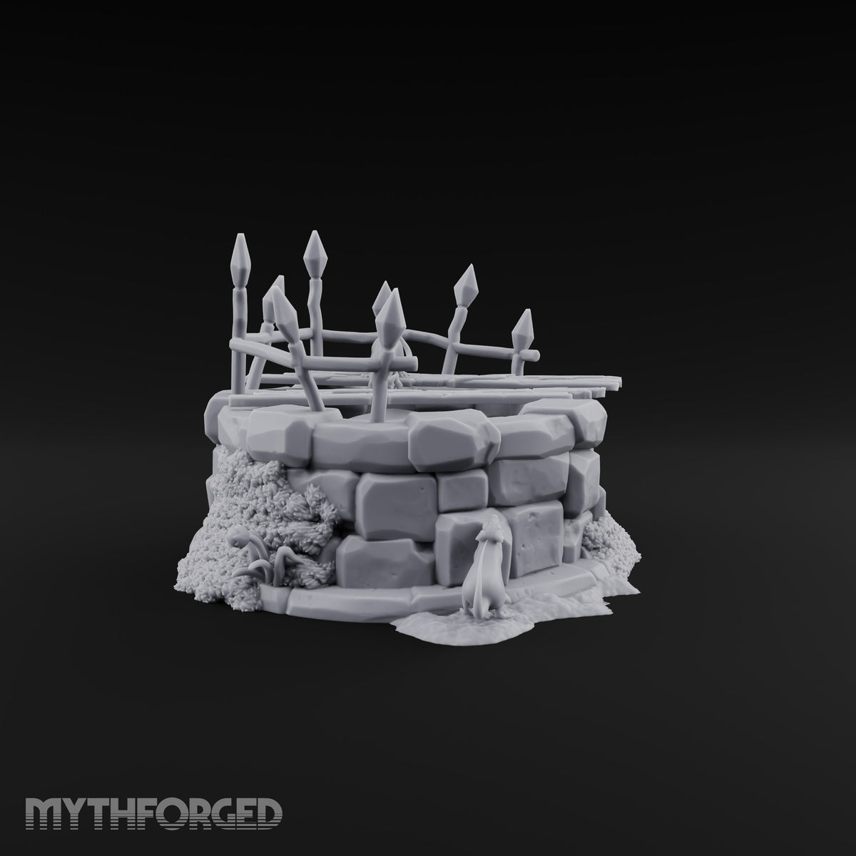Rats Found the Bottom First Ruined Stone Well with Spiked Fence, Wooden Planks and Rats on Scenic Base