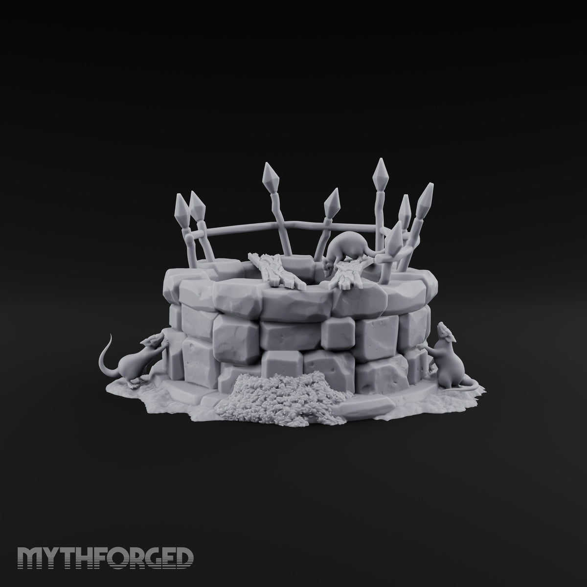Rats Found the Bottom First Ruined Stone Well with Spiked Fence, Wooden Planks and Rats on Scenic Base