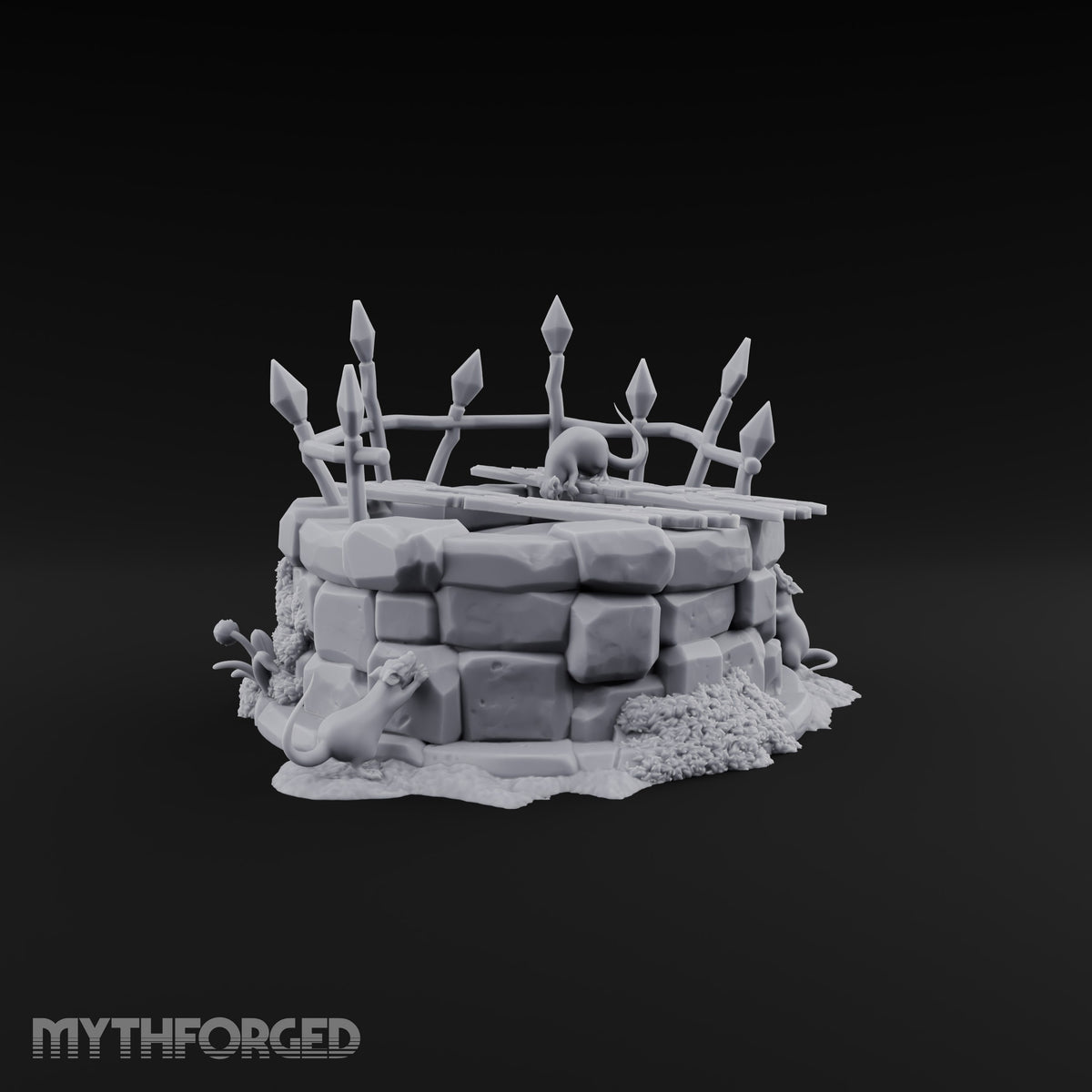 Rats Found the Bottom First Ruined Stone Well with Spiked Fence, Wooden Planks and Rats on Scenic Base