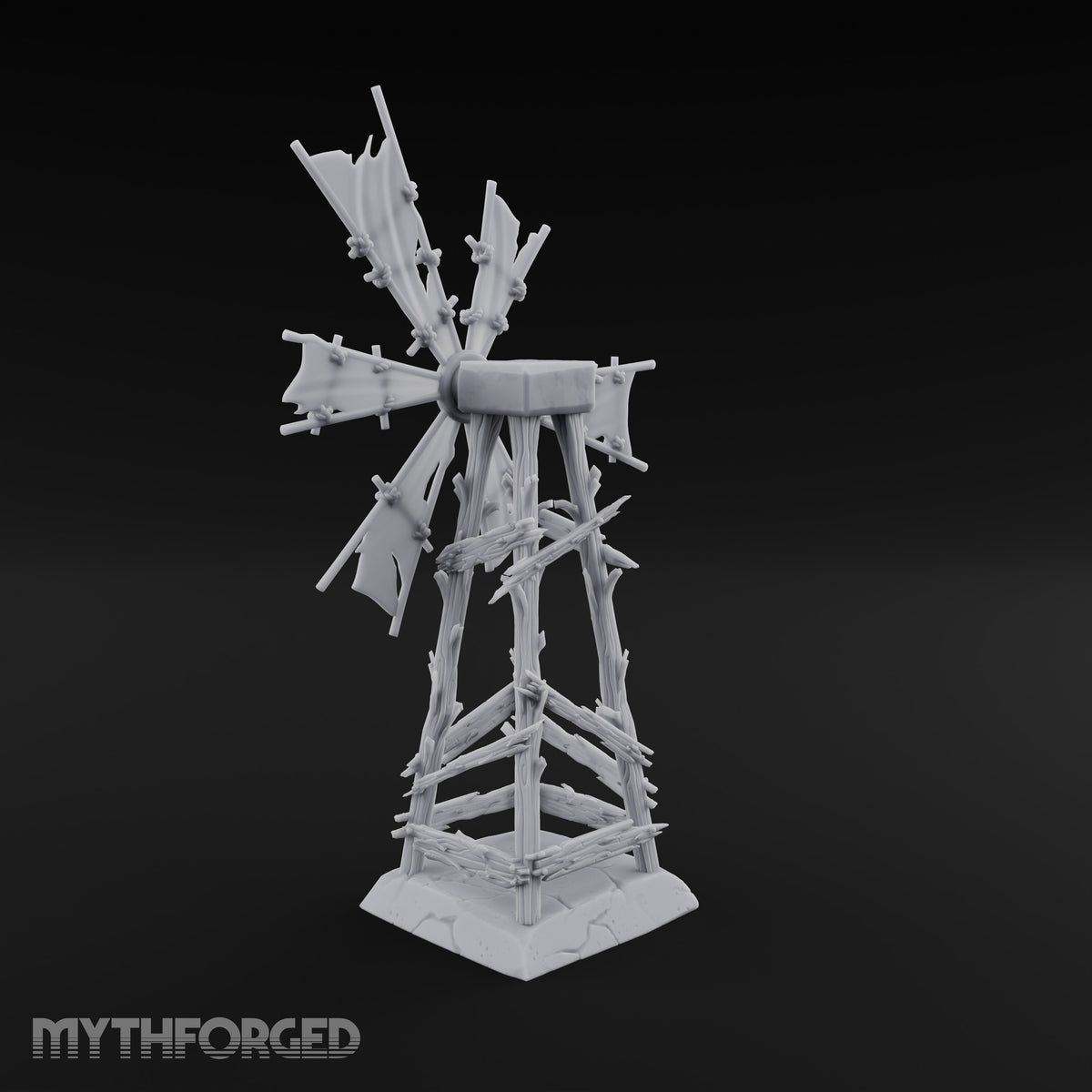Wind Stopped Asking Ruined Wooden Windmill with Tattered Sails on Cracked Stone Base