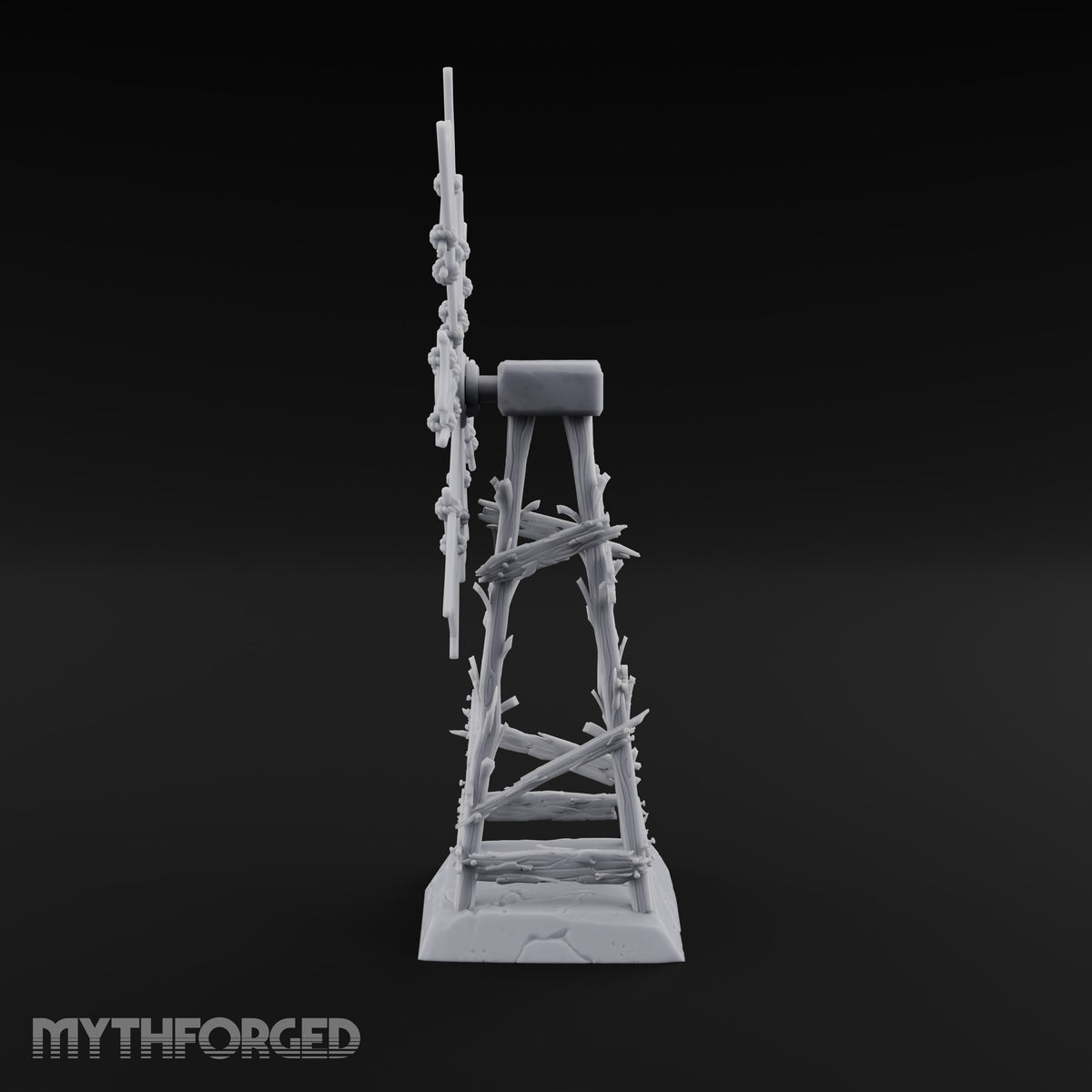 Wind Stopped Asking Ruined Wooden Windmill with Tattered Sails on Cracked Stone Base