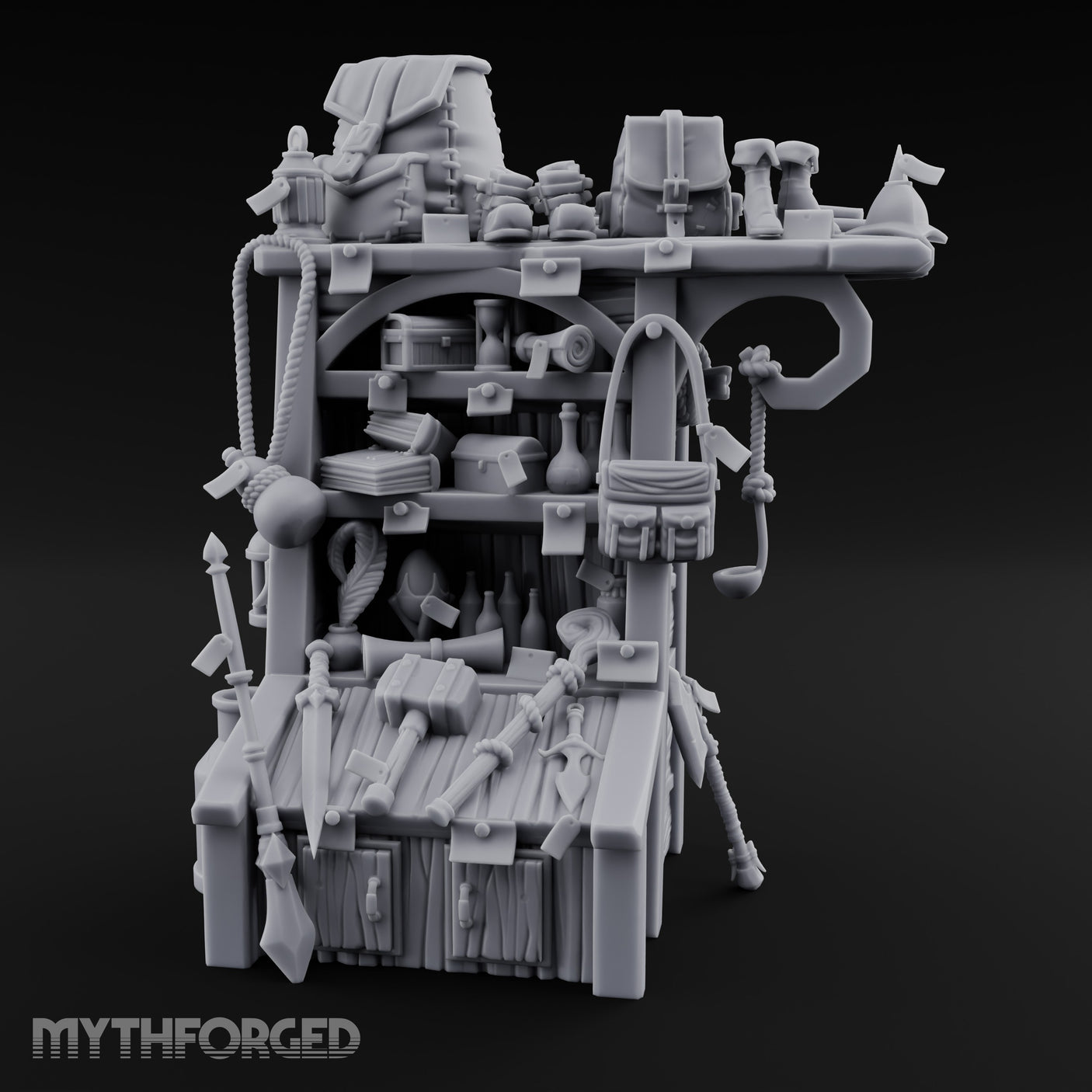 Pack-Hung Blade-Scattered Adventurer's Supply Shelf Miniature for Dungeons and Dragons, Pathfinder or other TTRPGs