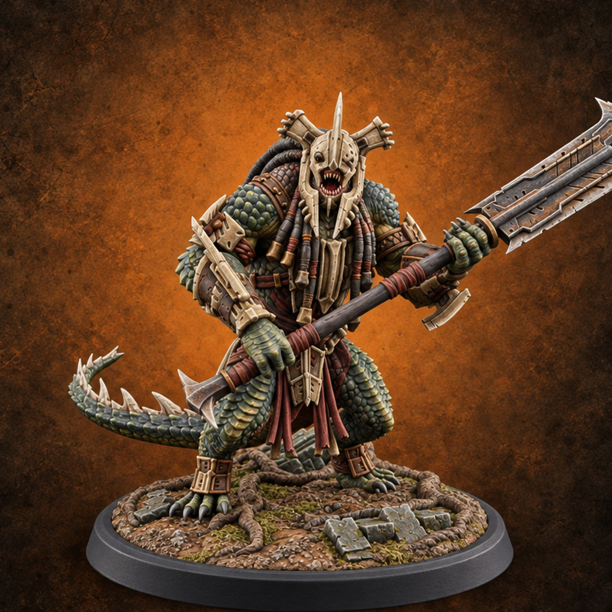 Crowns of Horn, Hearts of Ruin Lizardfolk Polearm Warrior B — painted concept preview (miniature supplied unpainted)