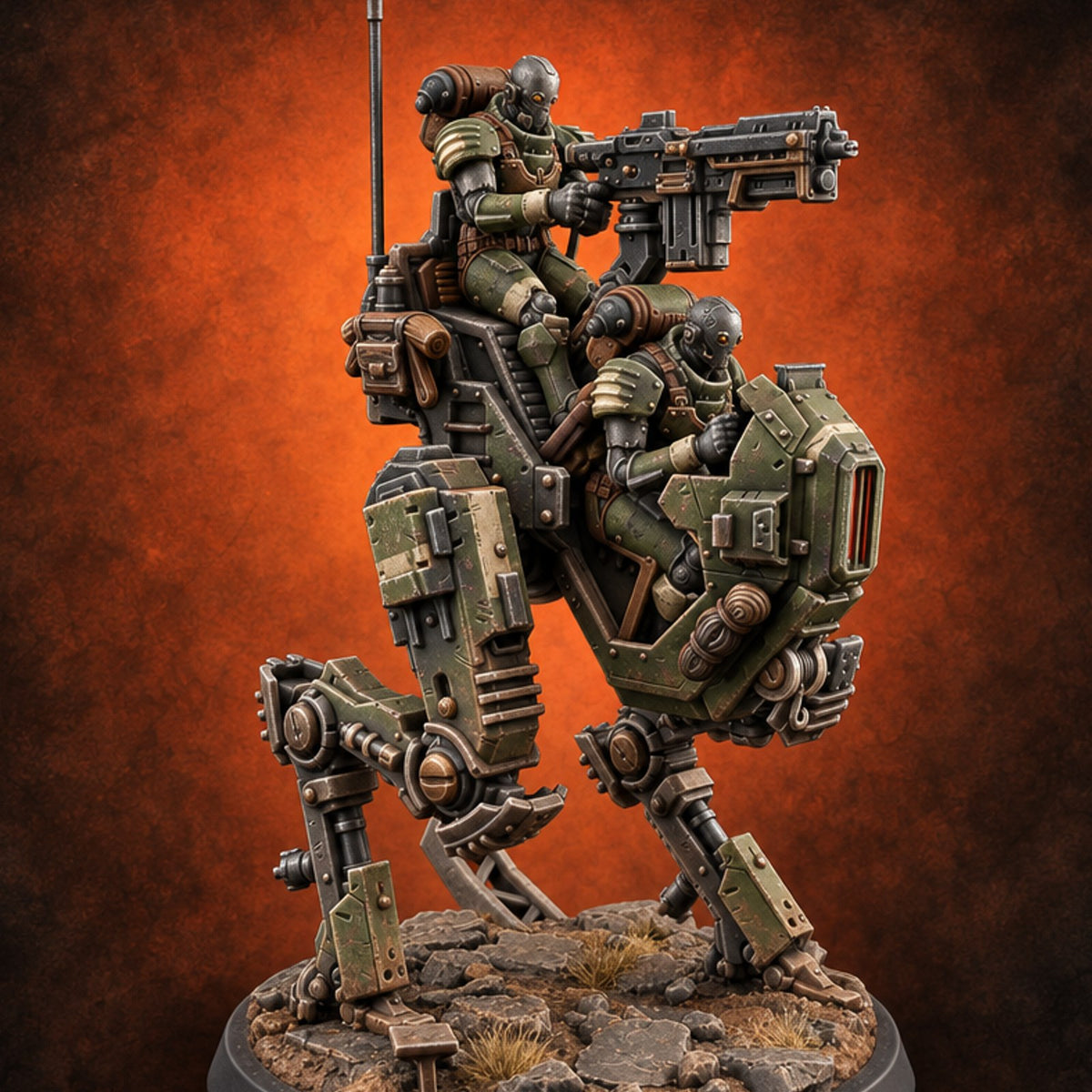 Shared Seat, Shared Grudge Warforged Crewed Walker A — painted concept preview (miniature supplied unpainted)