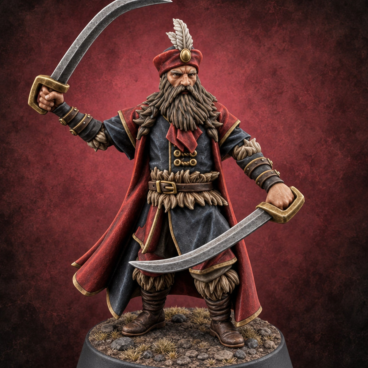 Moustache Waxed, Sabres Drawn Twice Human Dual Sabre Warrior E — painted concept preview (miniature supplied unpainted)
