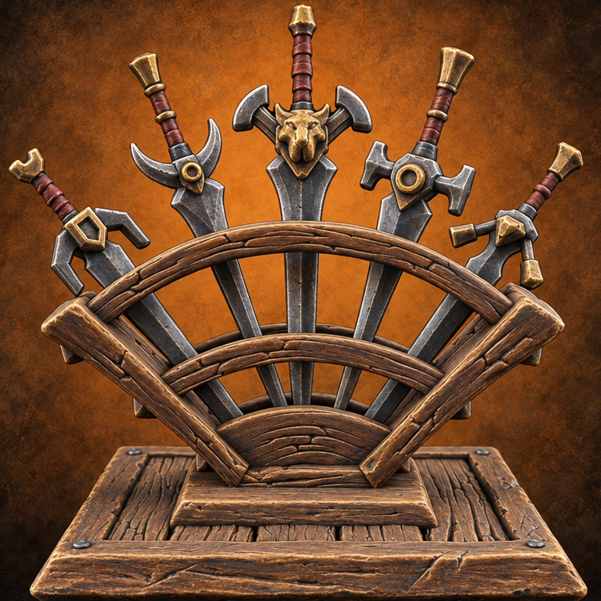 Five Blades, One Fan Wooden Sword Display Rack — painted concept preview (terrain supplied unpainted)