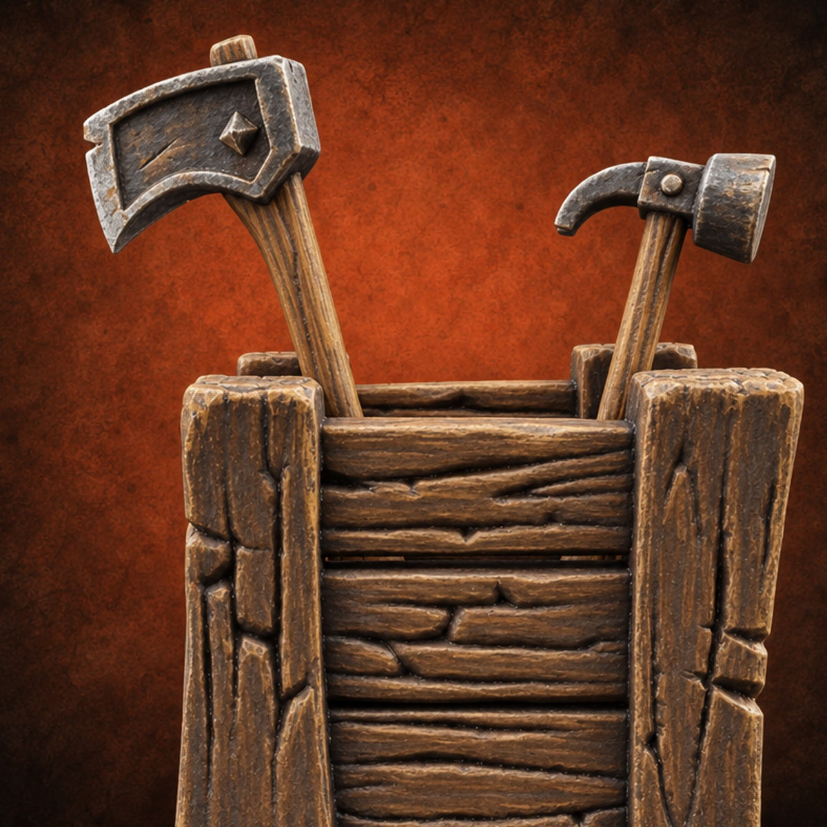 Handles Up, Hands Off Wooden Tool Box — painted concept preview (terrain supplied unpainted)