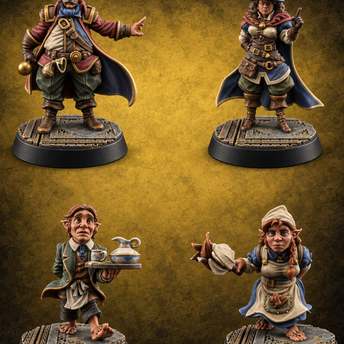 Dues Collected, Tea Poured Human and Halfling Guild Staff — painted concept preview (miniature supplied unpainted)